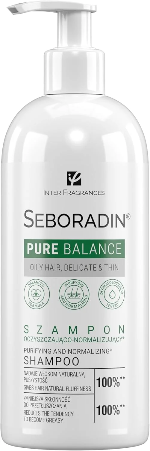شامپو سبورادین برای موهای نازک و کم حجم مستعد چربی، مرطوب کننده، حجم دهنده، پاک کننده، نرمال کننده، حاوی گلیسیرین گیاهی و عصاره های گزنه، دم اسب، رزماری و مریم گلی، Pure Ballance، ۴۰۰ میلی لیتر
