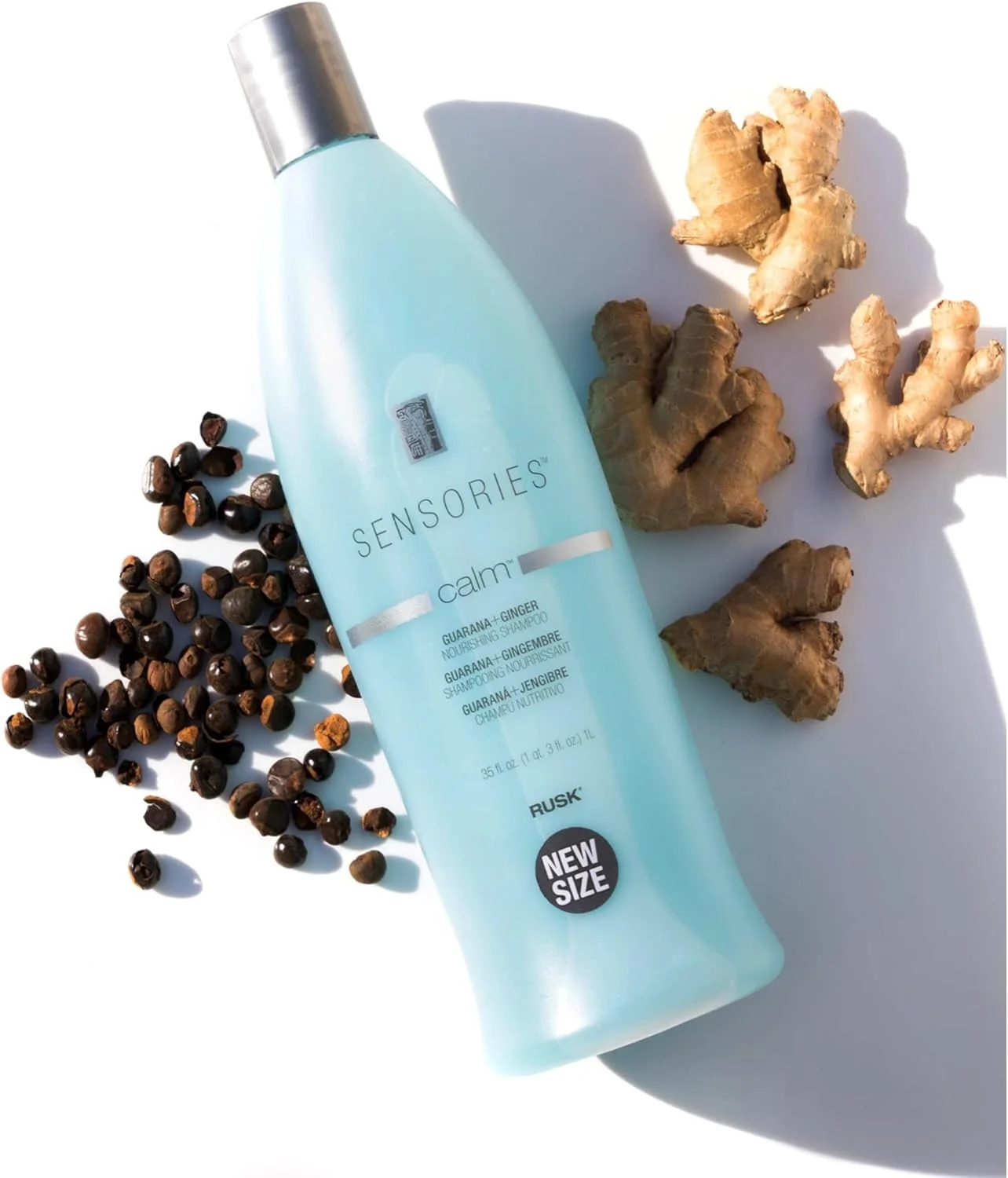 شامپو مغذی حاوی گوارانا و زنجبیل RUSK Sensories Calm، ۹۹۰ گرم، یک شامپو مغذی فرموله شده با عصاره گوارانا و زنجبیل برای افزودن درخشش و حفظ رطوبت