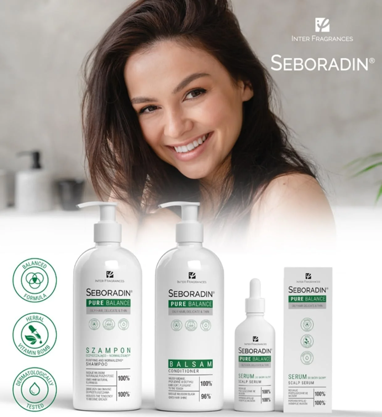 شامپو سبورادین برای موهای نازک و کم حجم مستعد چربی، مرطوب کننده، حجم دهنده، پاک کننده، نرمال کننده، حاوی گلیسیرین گیاهی و عصاره های گزنه، دم اسب، رزماری و مریم گلی، Pure Ballance، ۴۰۰ میلی لیتر