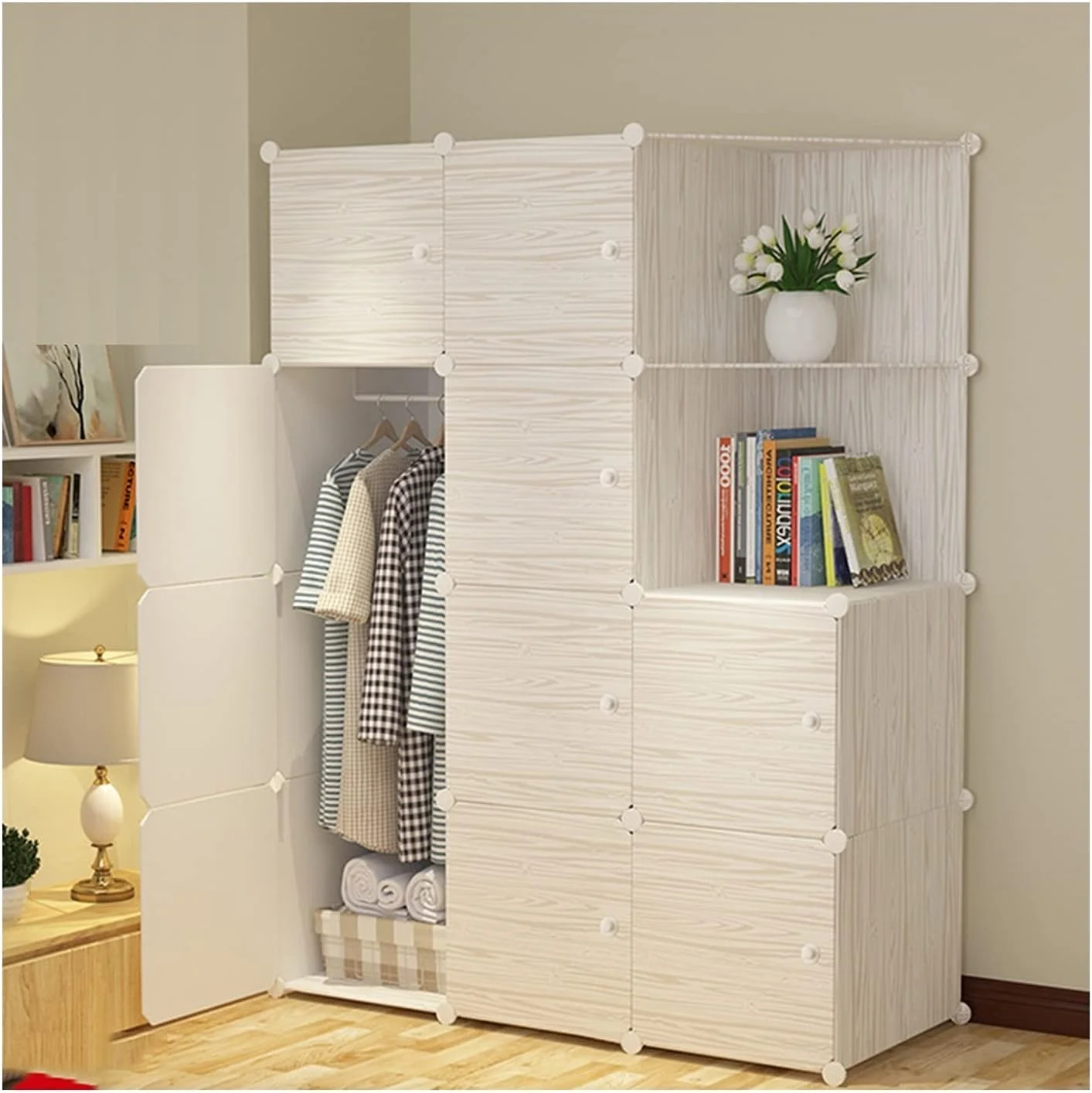 قفسه طرح چوب YXYECEIPENO، مناسب برای مبلمان اتاق خواب، کمد تک شبکه ای با تحمل بار 10 کیلوگرم، قابل استفاده به عنوان کمد لباس مدولار، کابینت ذخیره سازی (رنگ: سفید، اندازه: 111 * 47 * 147 سانتی متر)