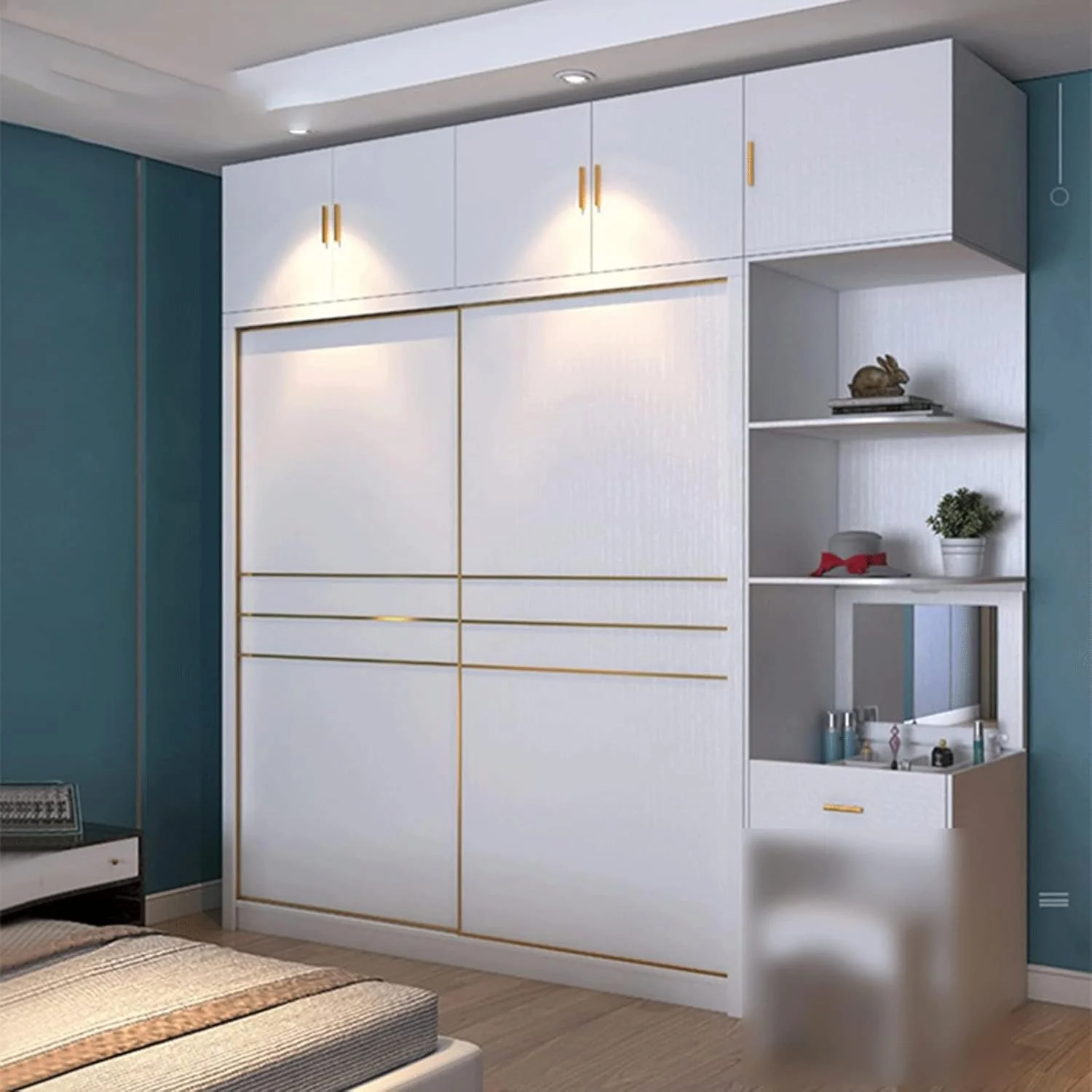 میز آرایش VIZCO با کمد لباس درب کشویی چوبی دوتایی، مناسب اتاق خواب، همراه با آینه