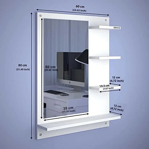 آینه دیواری مربعی چوبی مهندسی شده Redwud Lavis به همراه شلف (سفید، روکش مات) بدون قاب