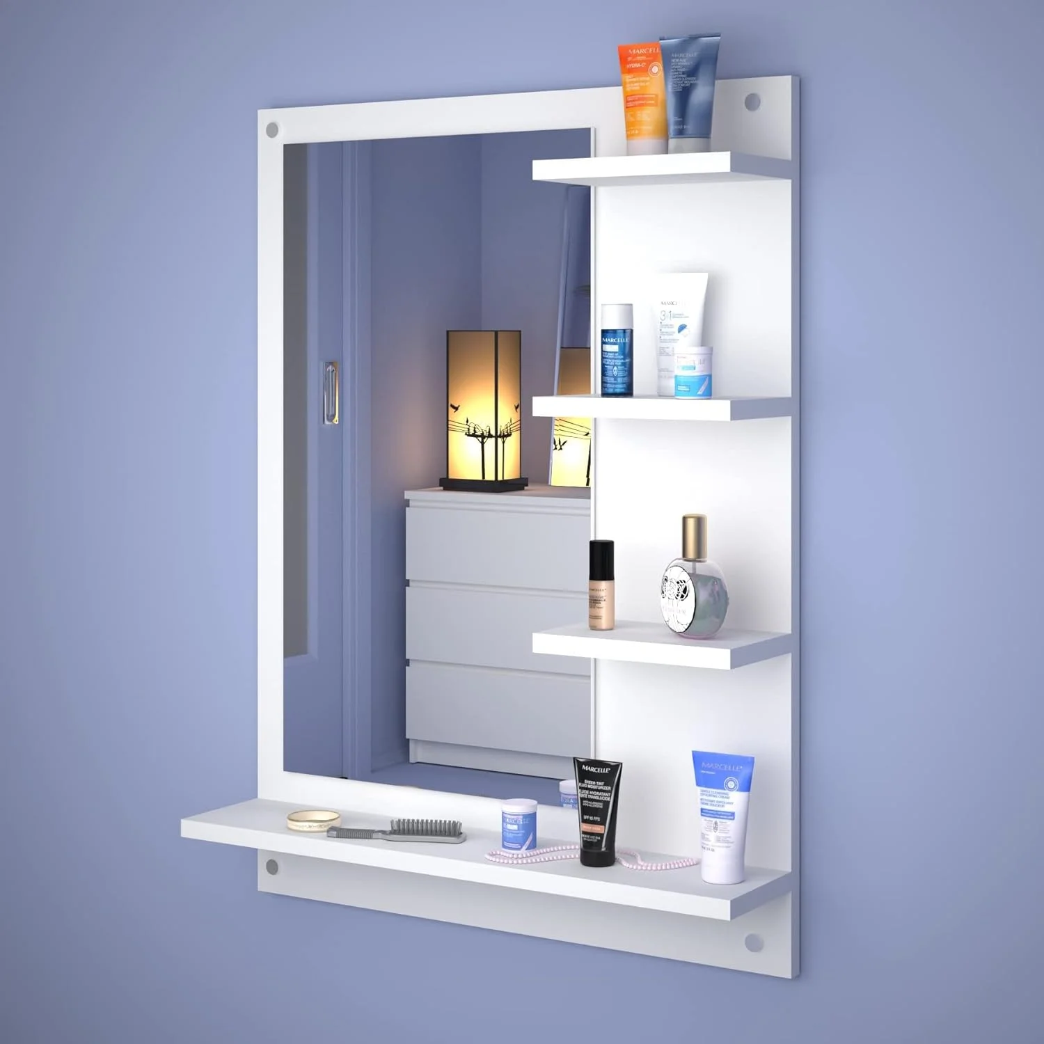 آینه دیواری مربعی چوبی مهندسی شده Redwud Lavis به همراه شلف (سفید، روکش مات) بدون قاب