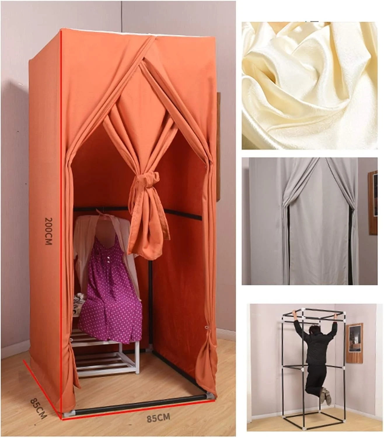 اتاق پرو مربعی ساده، اتاق رختکن قابل حمل، جنس دو طرفه، درجه سایه اندازی بالا و بادوام تر، اتاق پرو ساده با کیت پرده درب و قفسه فلزی، اتاق تاشو