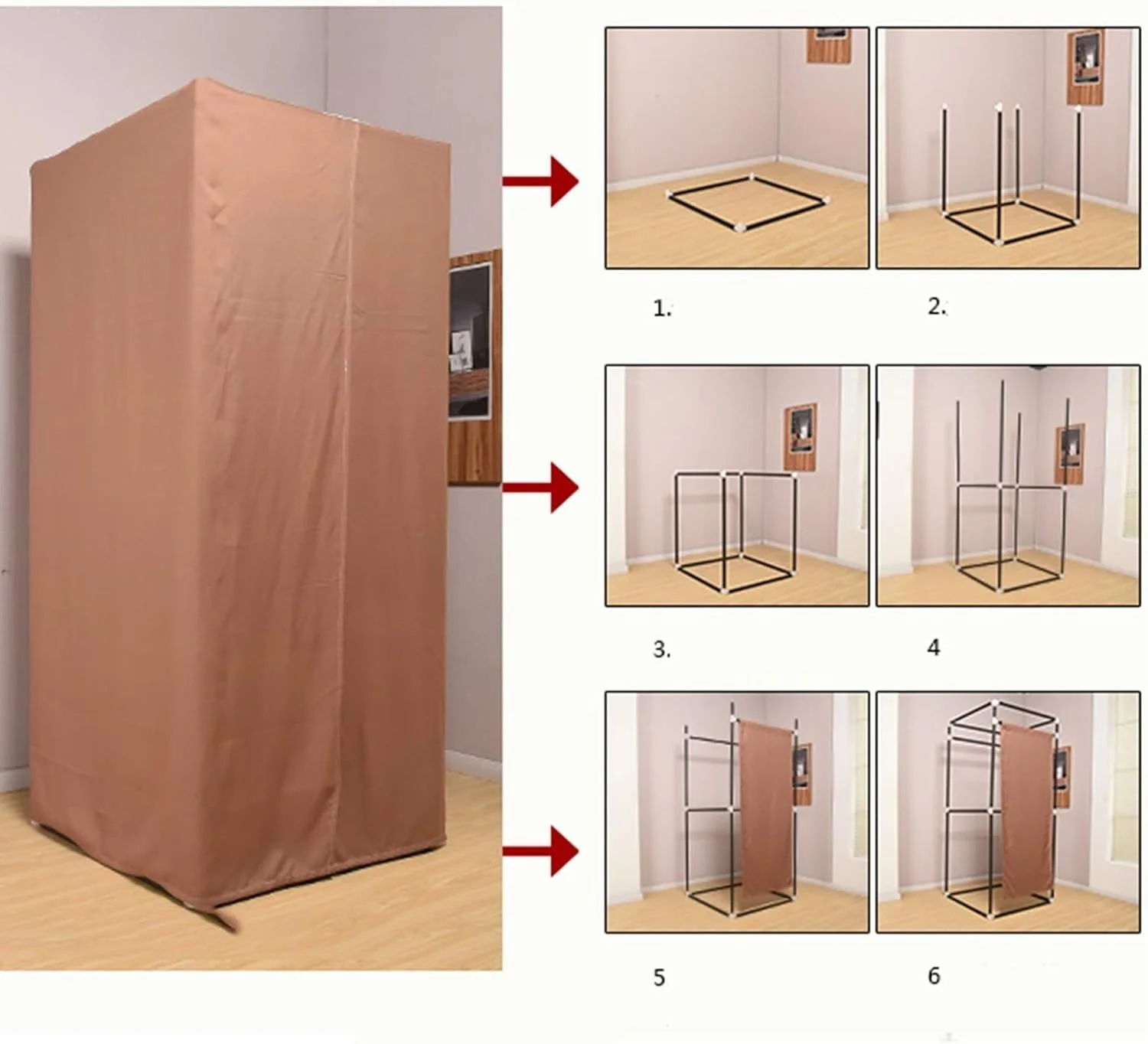 اتاق پرو مربعی ساده، اتاق رختکن قابل حمل، جنس دو طرفه، درجه سایه اندازی بالا و بادوام تر، اتاق پرو ساده با کیت پرده درب و قفسه فلزی، اتاق تاشو