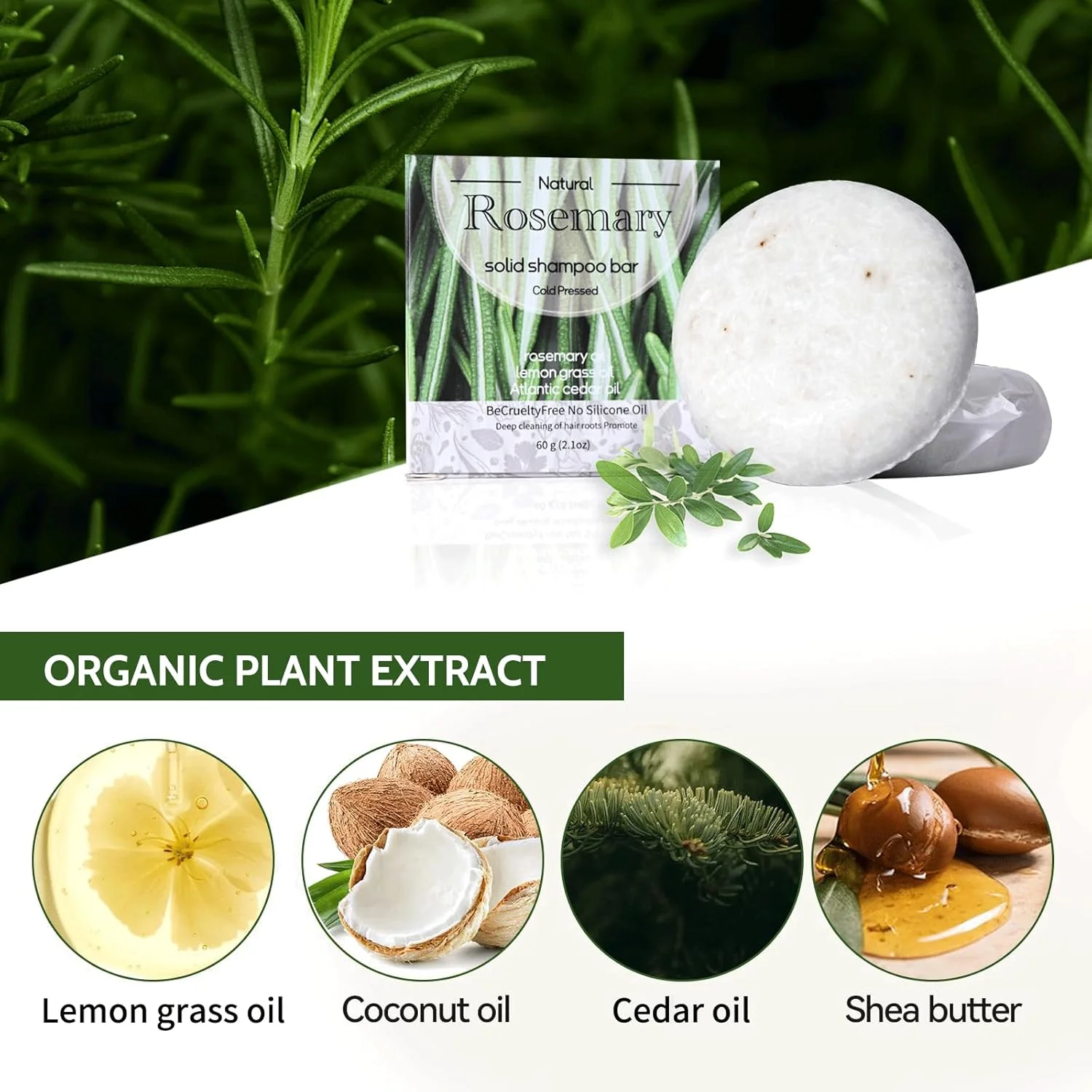 شامپو بار رزماری، شامپو بار با روغن علف لیمو، روغن سدر آتلانتیک، شامپو بار طبیعی ضد ریزش مو، صابون شامپو برای رشد مو، مغذی، حجم دهنده و تقویت کننده