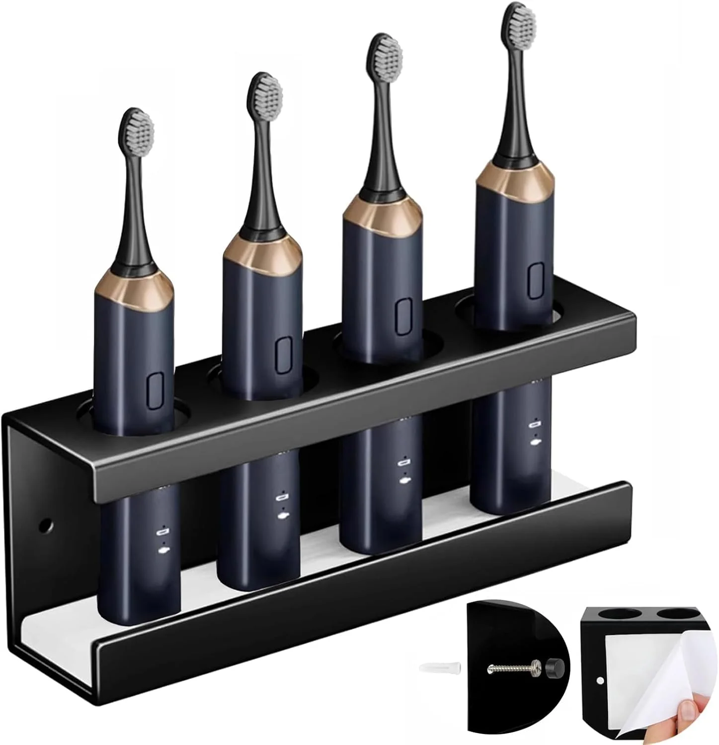 نگهدارنده مسواک برقی دیواری، دارای 4 محفظه جداشدنی، سینی دیاتومیت، نصب جهانی با چسب خودکار یا پیچ، لوازم جانبی حمام (مشکی)