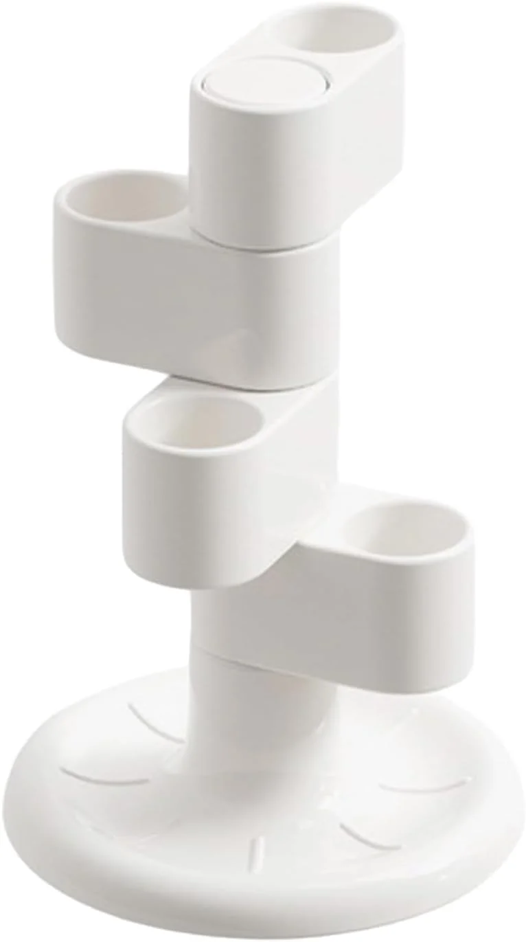 جا مسواکی جدید 2025، سازمان دهنده حمام با چرخش 360 درجه، جا مسواکی چند منظوره 4 اسلات برای سازماندهی میز روشویی حمام با سینی ایده آل برای خانه و هتل