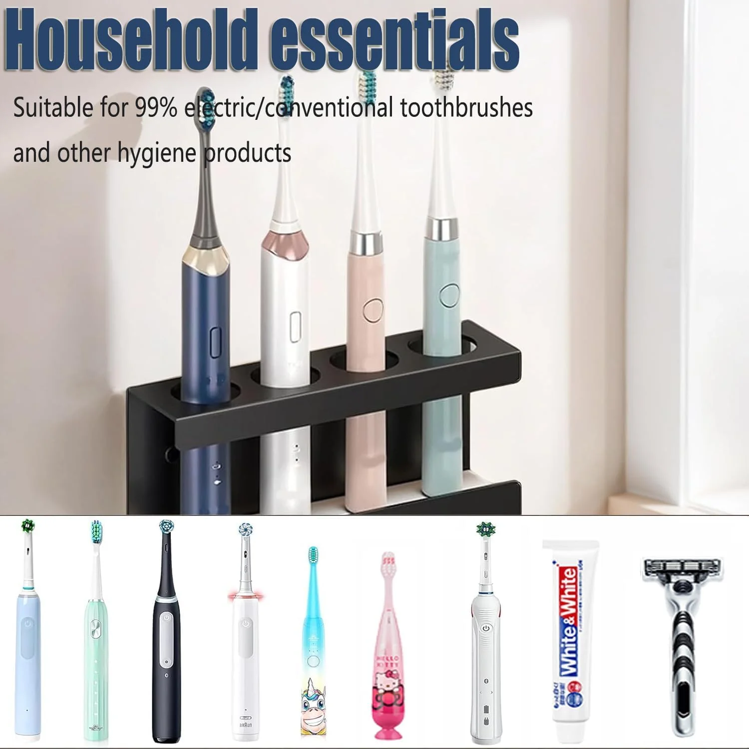 نگهدارنده مسواک برقی دیواری، دارای 4 محفظه جداشدنی، سینی دیاتومیت، نصب جهانی با چسب خودکار یا پیچ، لوازم جانبی حمام (مشکی) نگهدارنده مسواک برقی دیواری، دارای 4 محفظه جداشدنی، سینی دیاتومیت، نصب جهانی با چسب خودکار یا پیچ، لوازم جانبی حمام (مشکی)