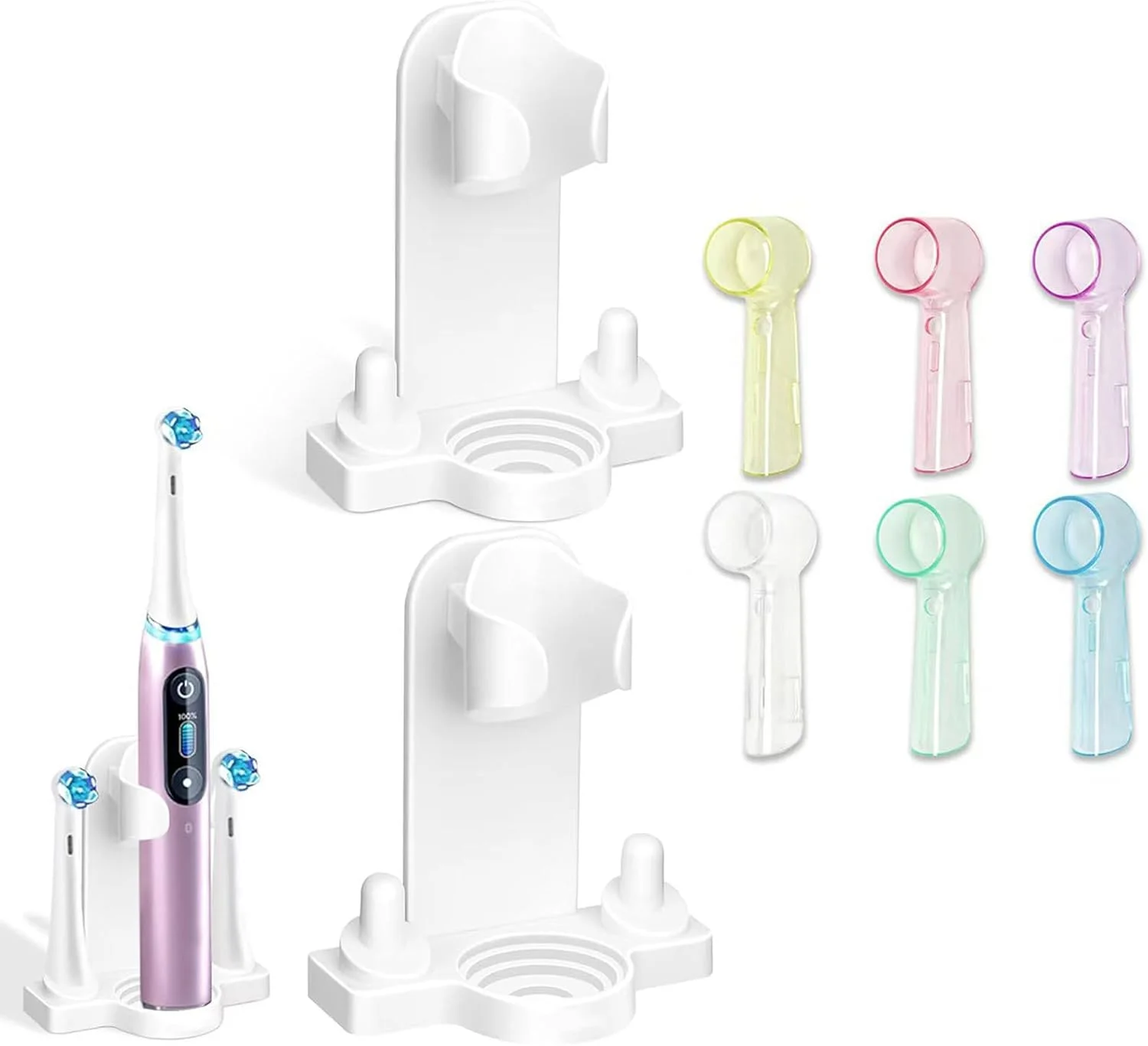نگهدارنده مسواک برقی مناسب اورال بی iO، بسته 2 عددی، پایه نگهدارنده دیواری مسواک با 6 عدد پوشش محافظ برس یدک مناسب اورال بی iO براون سری، سازمان دهنده و نگهدارنده مسواک حمام