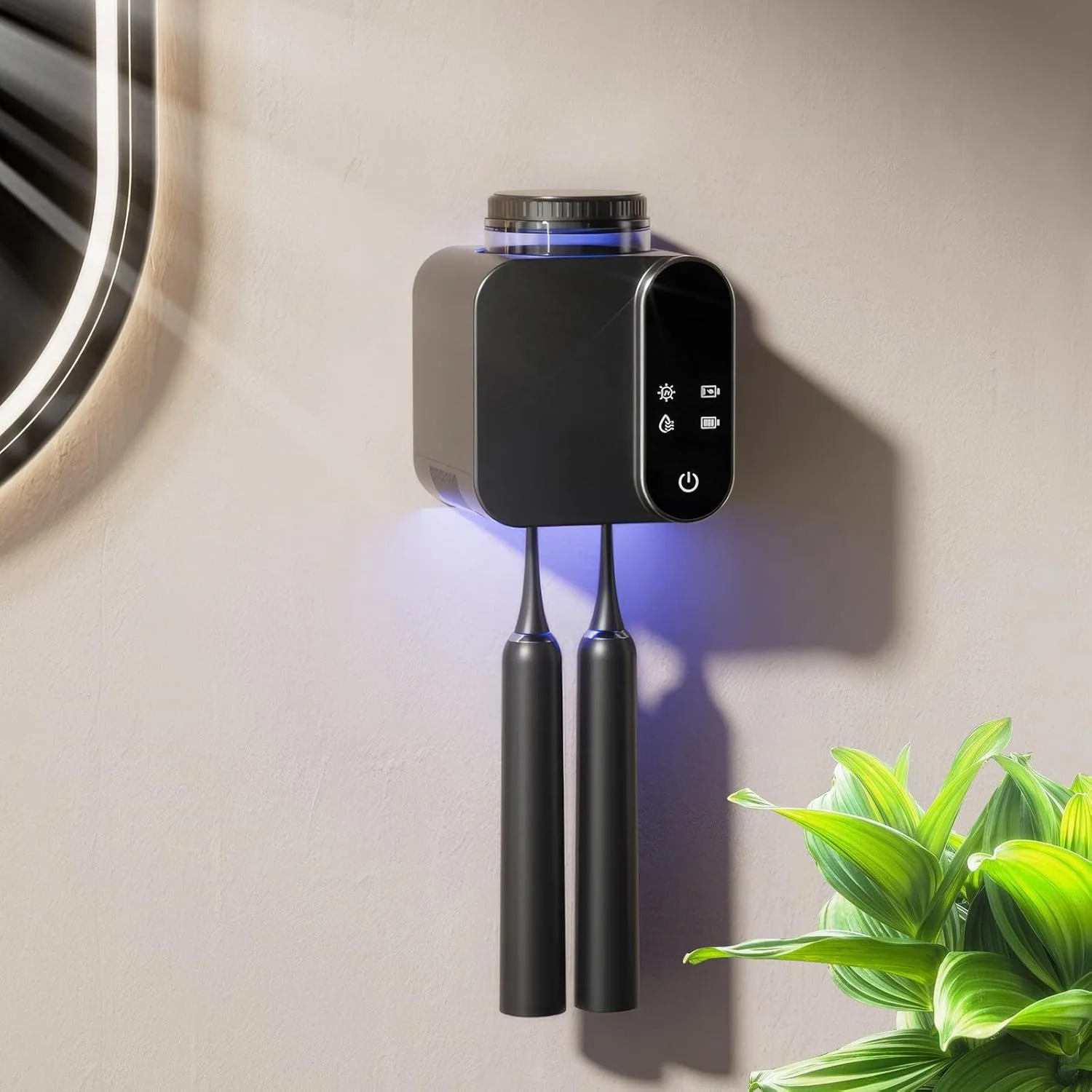 جا مسواکی چند منظوره، جا مسواکی دیواری با استریلایزر UV و فنجان، با شارژ خورشیدی، خشک کن هوشمند مسواک برای حمام منزل (مشکی)