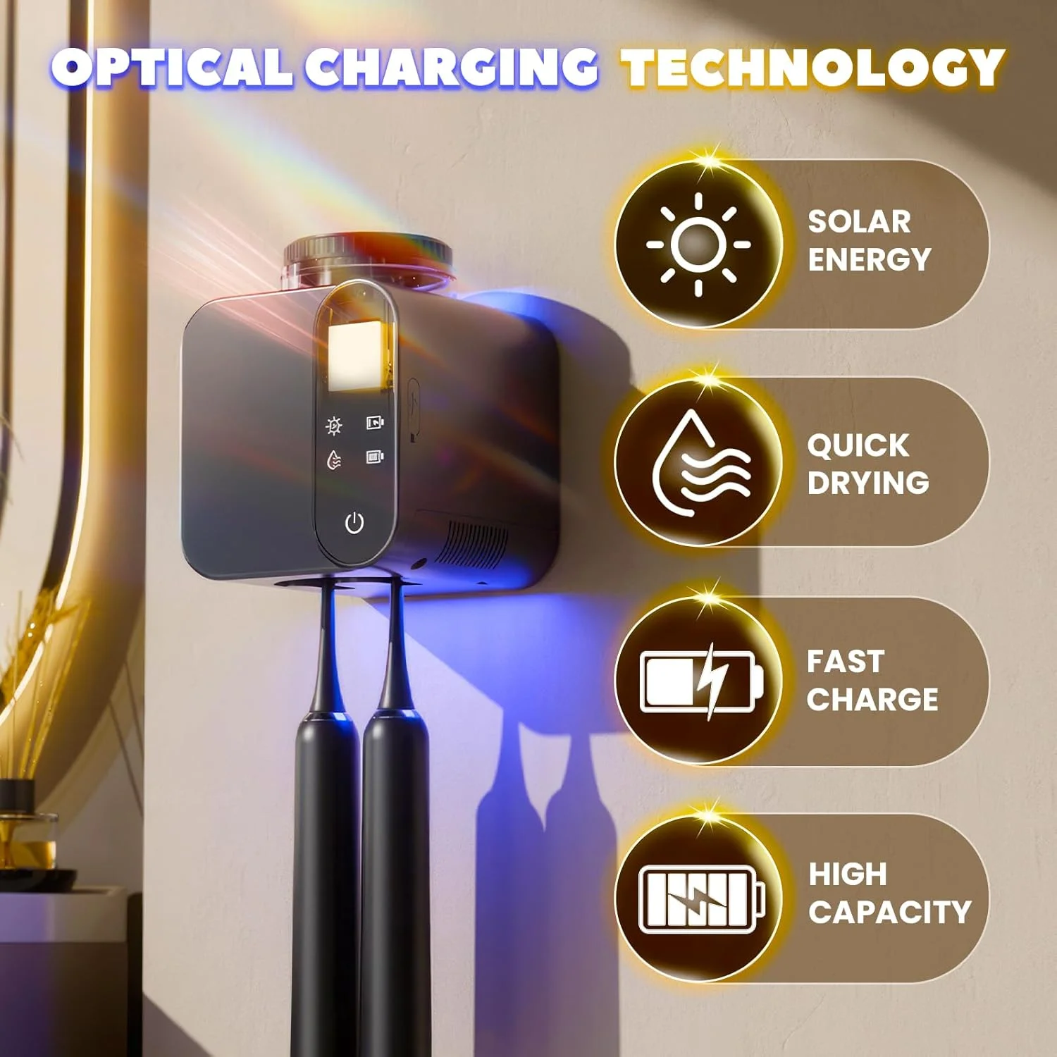 جا مسواکی چند منظوره، جا مسواکی دیواری با استریلایزر UV و فنجان، با شارژ خورشیدی، خشک کن هوشمند مسواک برای حمام منزل (مشکی) جا مسواکی چند منظوره، جا مسواکی دیواری با استریلایزر UV و فنجان، با شارژ خورشیدی، خشک کن هوشمند مسواک برای حمام منزل (مشکی)