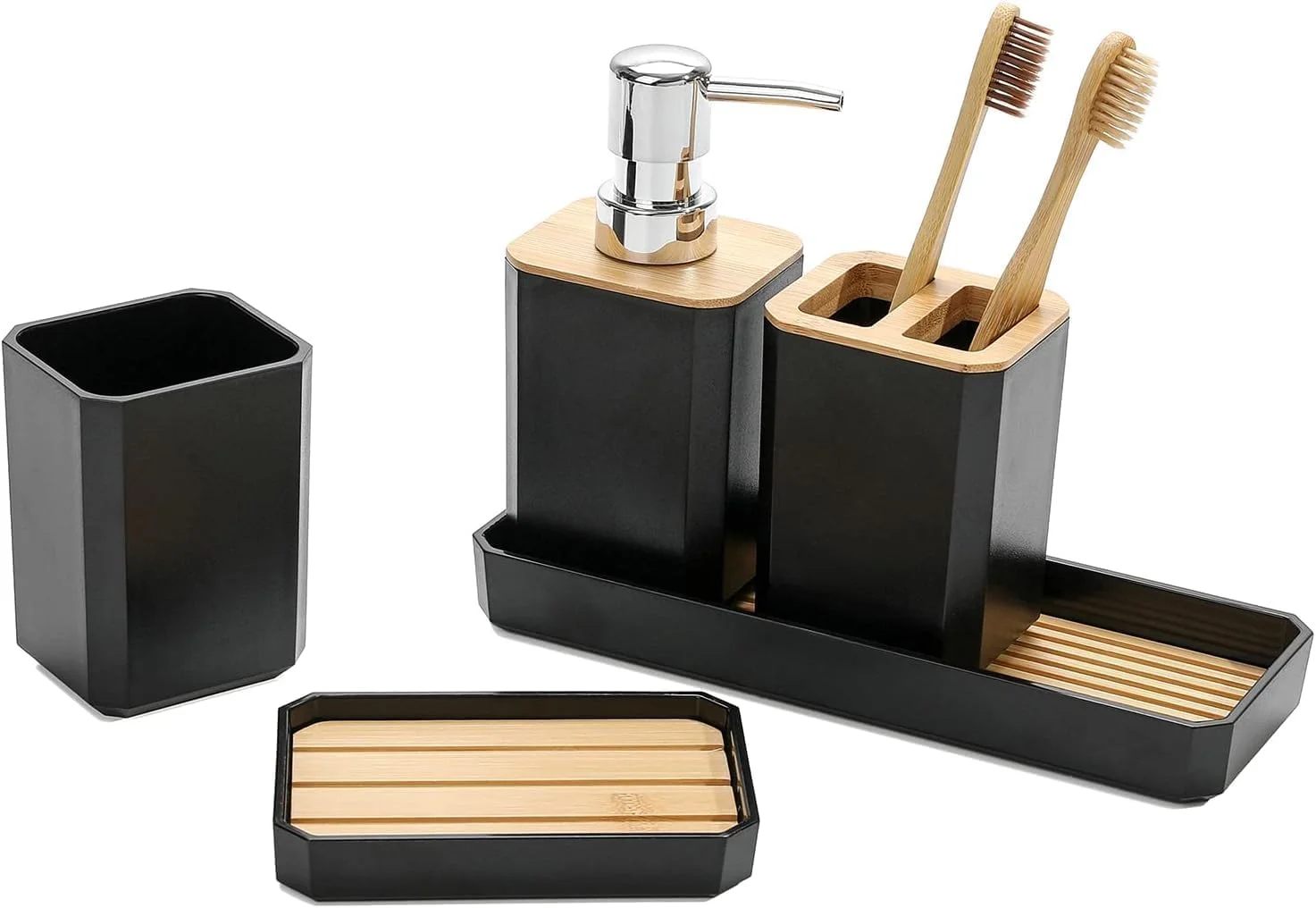 ست لوازم جانبی حمام 5 تکه NALACAL، ست هدیه مدرن بوهو با جا پنبه ای، جا مایع صابون، جا صابونی، جا مسواکی، لیوان و سینی روشویی - ایده آل برای دکور حمام و خانه نو (مشکی)