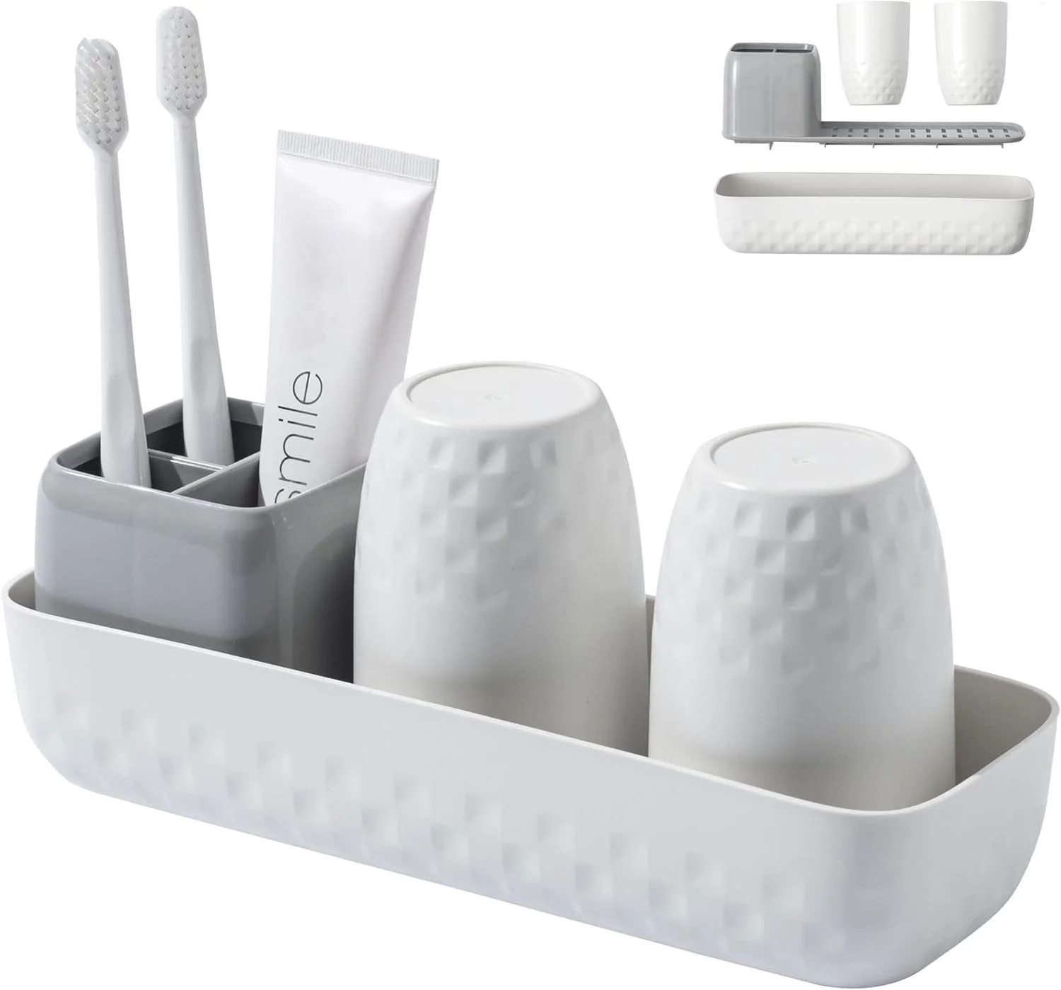 جا مسواکی برای حمام، ست نگهداری مسواک، به همراه دو لیوان شستشو، جا مسواکی و خمیر دندان، جا مسواکی برقی چند منظوره با 3 جایگاه برای روشویی، سفید