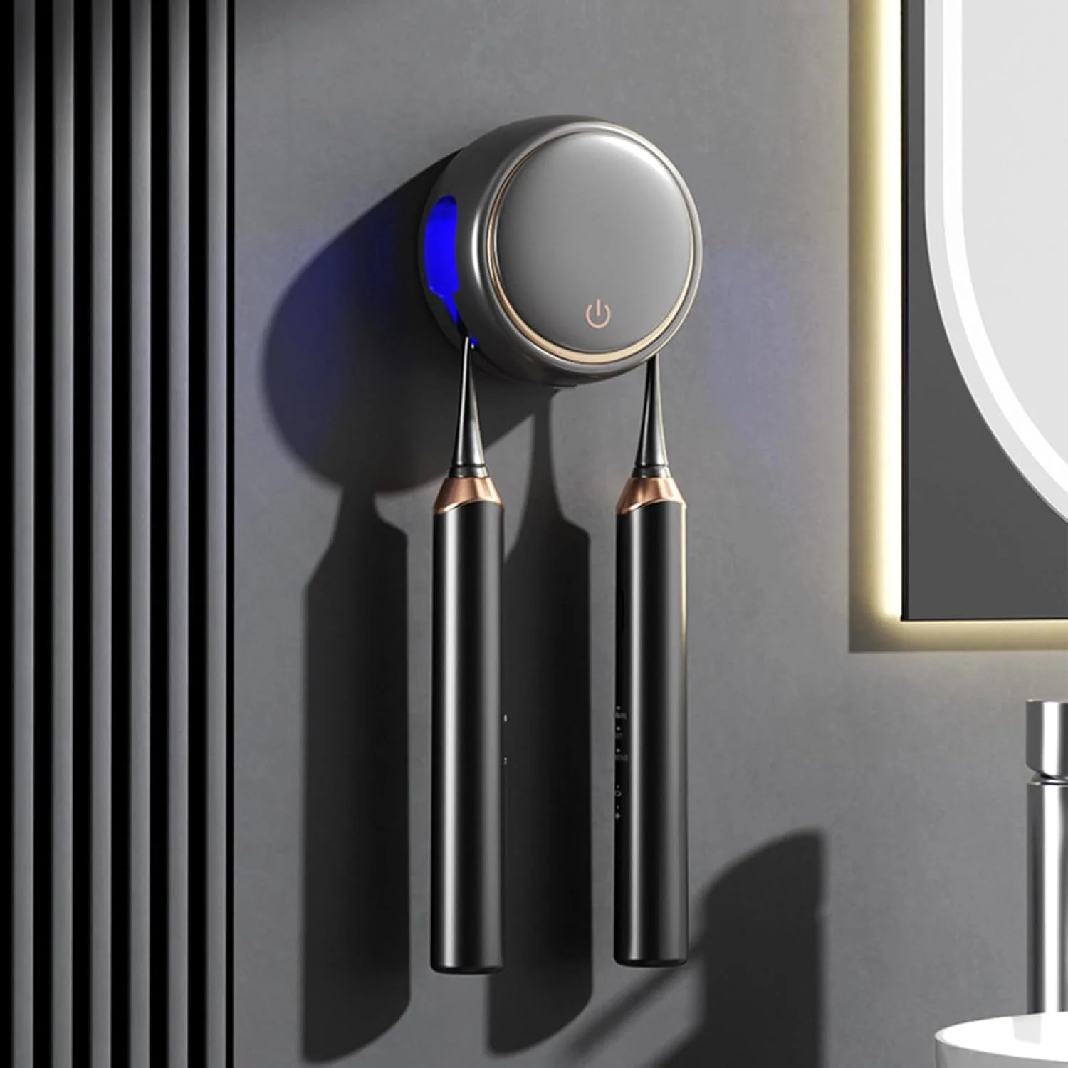 جا مسواکی دیواری، ضدعفونی کننده و نگهدارنده مسواک با 2 جایگاه مسواک، جا مسواکی شارژی خانگی، برای مسواک های برقی و دستی، محفظه تمیز کننده بدون نیاز به سوراخ کاری، خاکستری