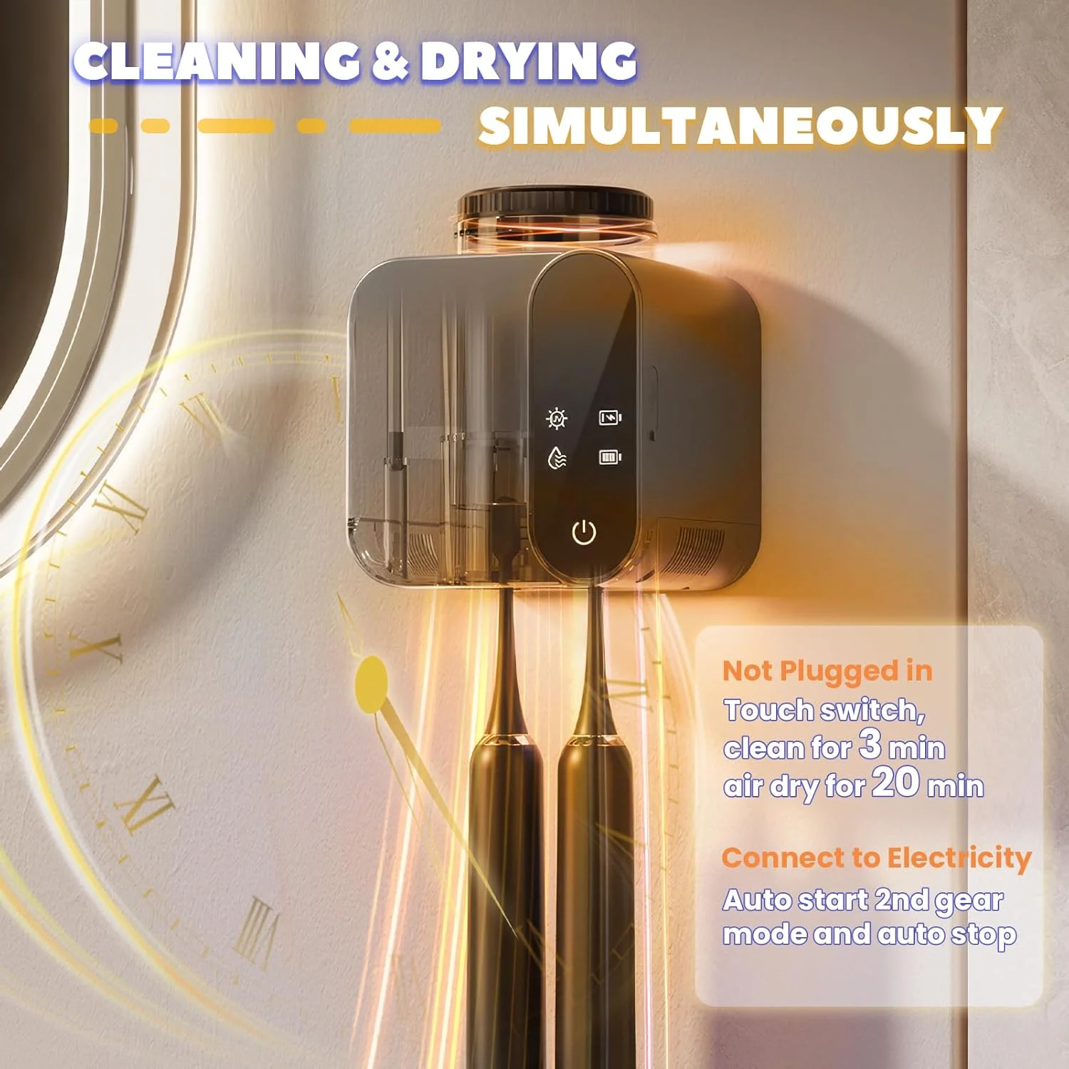 جا مسواکی چند منظوره، جا مسواکی دیواری با استریلایزر UV و فنجان، با شارژ خورشیدی، خشک کن هوشمند مسواک برای حمام منزل (مشکی) جا مسواکی چند منظوره، جا مسواکی دیواری با استریلایزر UV و فنجان، با شارژ خورشیدی، خشک کن هوشمند مسواک برای حمام منزل (مشکی)