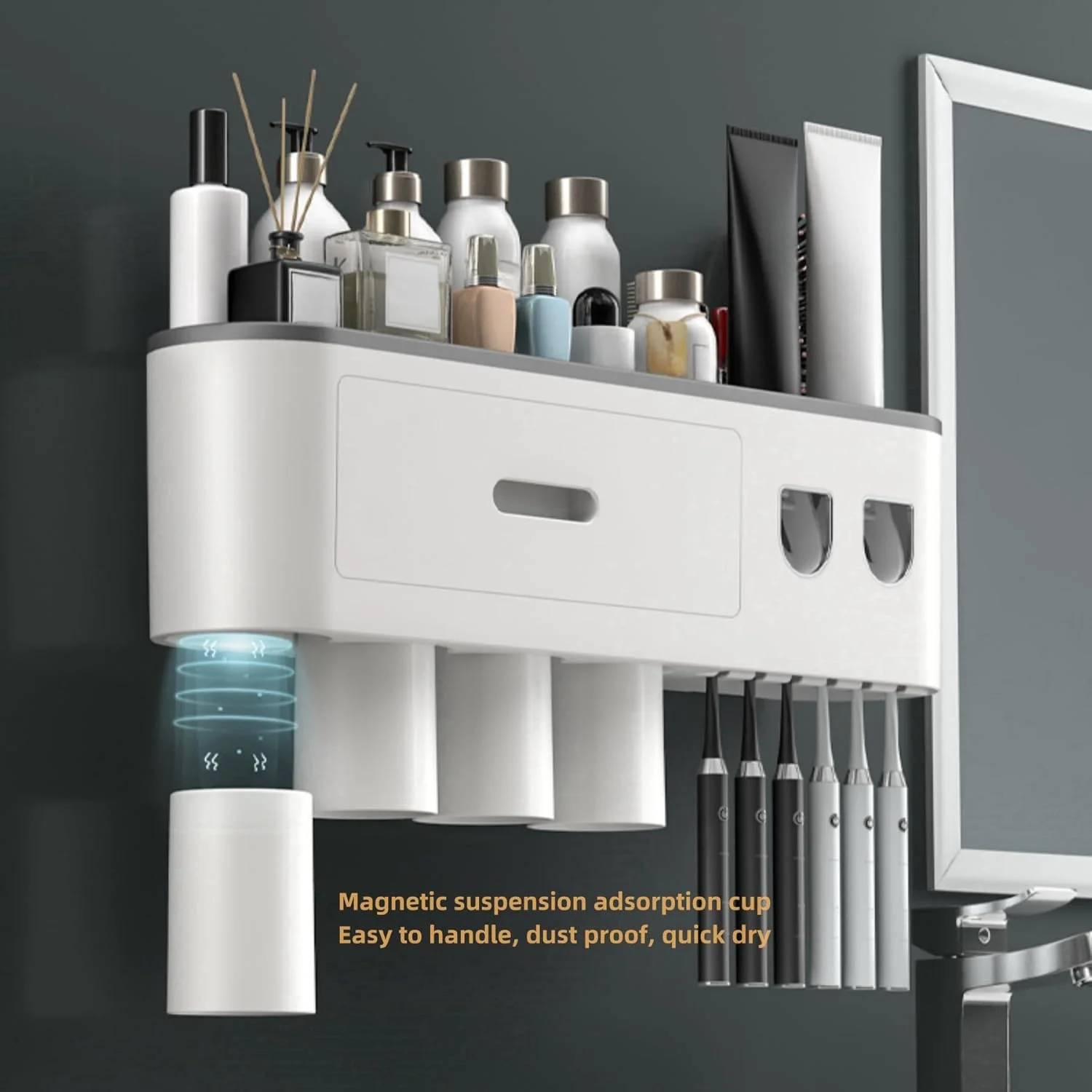 جا مسواکی NALACAL، قفسه حمام، جا مسواکی دیواری بدون نیاز به سوراخکاری با 2 عدد خمیر دندان پخش کن اتوماتیک، 6 آویز مسواک، 2 فنجان مغناطیسی، 1 کشو لوازم آرایشی و 1 محفظه بزرگ جا مسواکی NALACAL، قفسه حمام، جا مسواکی دیواری بدون نیاز به سوراخکاری با 2 عدد خمیر دندان پخش کن اتوماتیک، 6 آویز مسواک، 2 فنجان مغناطیسی، 1 کشو لوازم آرایشی و 1 محفظه بزرگ