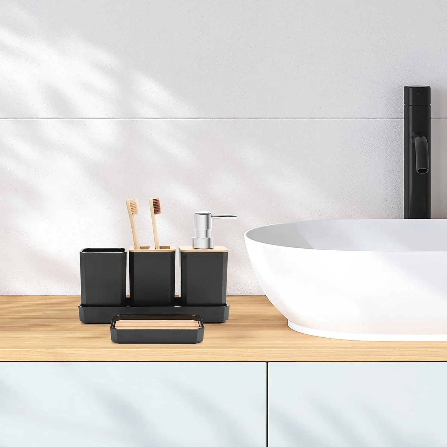 ست لوازم جانبی حمام 5 تکه NALACAL، ست هدیه مدرن بوهو با جا پنبه ای، جا مایع صابون، جا صابونی، جا مسواکی، لیوان و سینی روشویی - ایده آل برای دکور حمام و خانه نو (مشکی) ست لوازم جانبی حمام 5 تکه NALACAL، ست هدیه مدرن بوهو با جا پنبه ای، جا مایع صابون، جا صابونی، جا مسواکی، لیوان و سینی روشویی - ایده آل برای دکور حمام و خانه نو (مشکی)