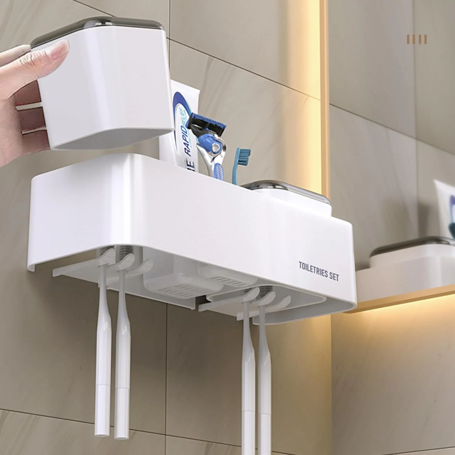 جا مسواکی دیواری نالاکال، با 2 لیوان مسواک، 4 جایگاه چسبی خمیر دندان و آویز مسواک برای حمام، سازمان دهنده چند منظوره برای مسواک برقی، تیغ، خمیر دندان