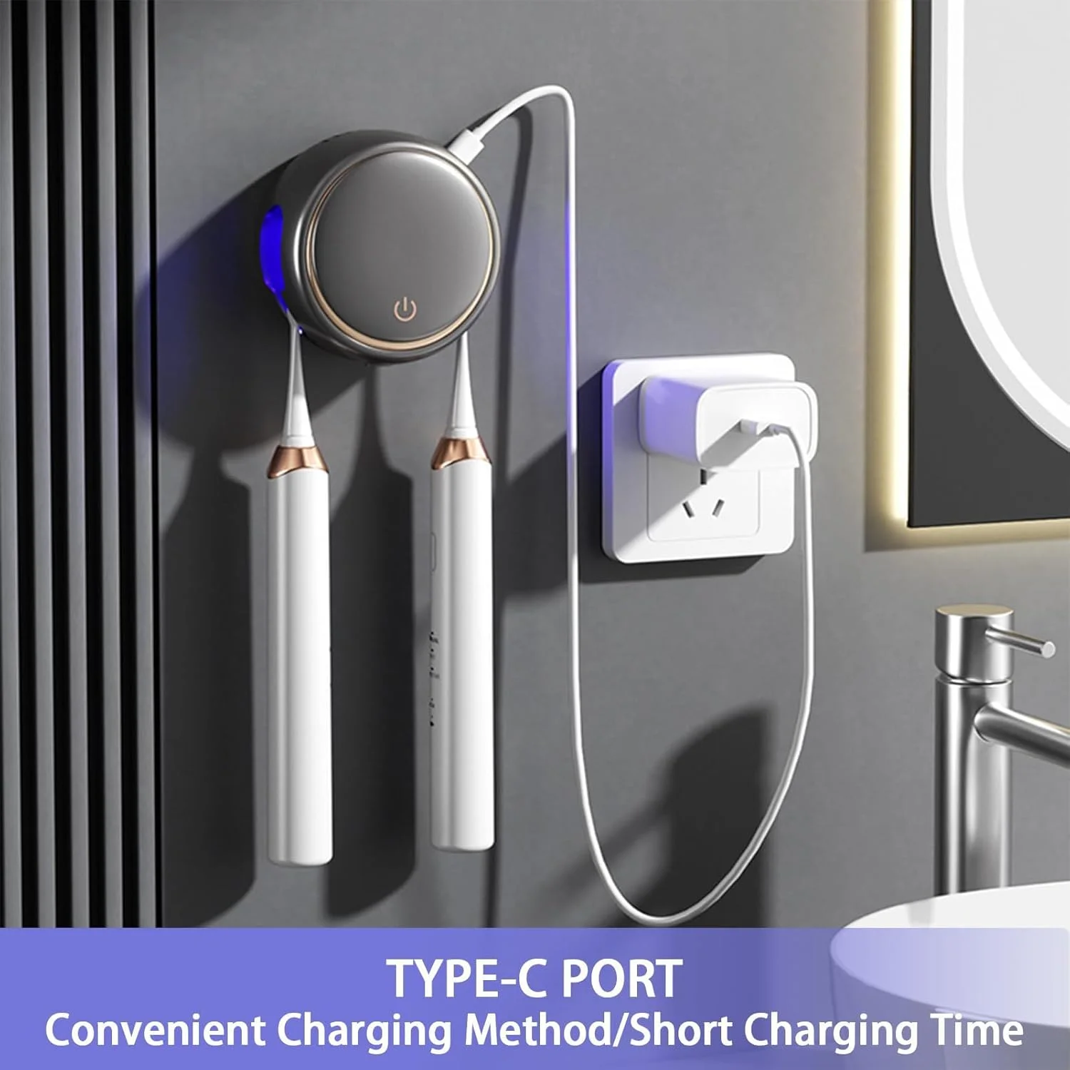 جا مسواکی دیواری، ضدعفونی کننده و نگهدارنده مسواک با 2 جایگاه مسواک، جا مسواکی شارژی خانگی، برای مسواک های برقی و دستی، محفظه تمیز کننده بدون نیاز به سوراخ کاری، خاکستری