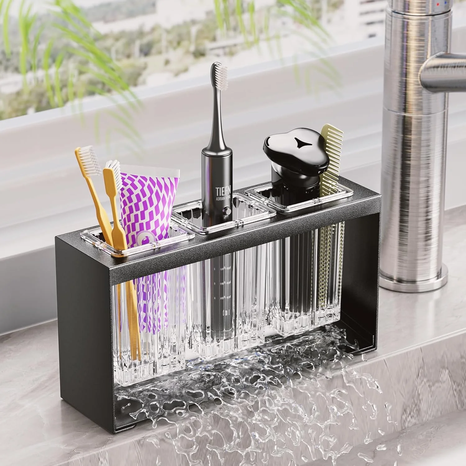 جا مسواکی نالاکال برای حمام، جا مسواکی جداشدنی با 3 جایگاه، ست نگهدارنده مسواک و خمیر دندان برای نگهداری لوازم جانبی روی میز، سازمان دهنده حمام، مشکی