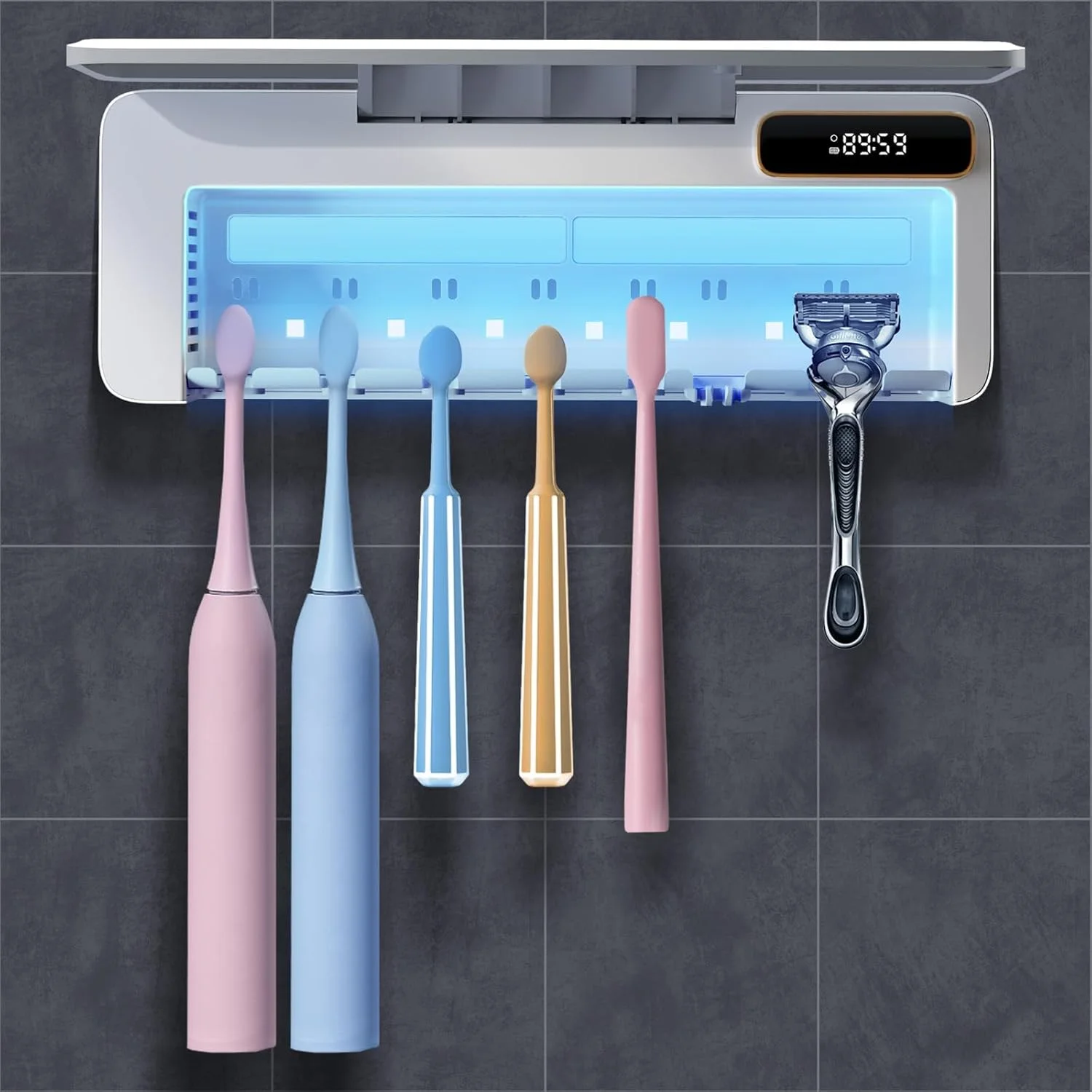 نگهدارنده مسواک UV قابل شارژ NALACAL، سازمان دهنده مسواک دیواری 5+1+1 با عملکردهای گرمایشی، بدون نیاز به سوراخ کاری، نگهدارنده مسواک قابل حمل برای حمام (سفید)