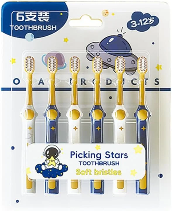 مسواک کودک، بسته 6 عددی طرح فضایی با برس نرم، مناسب کودکان 1 تا 12 سال، ست مسواک ملایم برای تمیز کردن دندان کودکان پسر و دختر - آبی و سفید