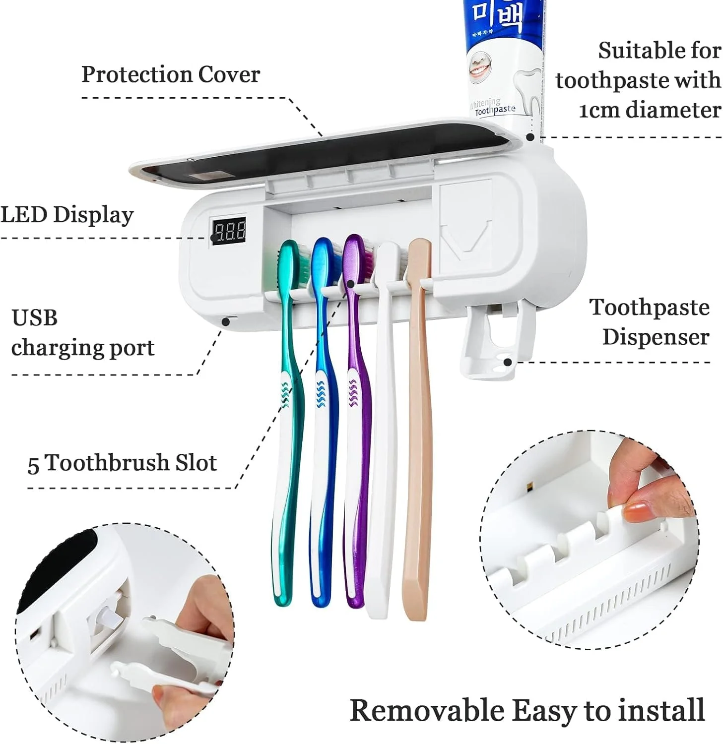 نگهدارنده مسواک دیواری با پخش کننده خمیر دندان، ضدعفونی کننده مسواک Blu-ray و ابزار تمیز کننده مسواک با نور UV، نگهدارنده بهداشتی مسواک، ضدعفونی کننده خودکار مسواک