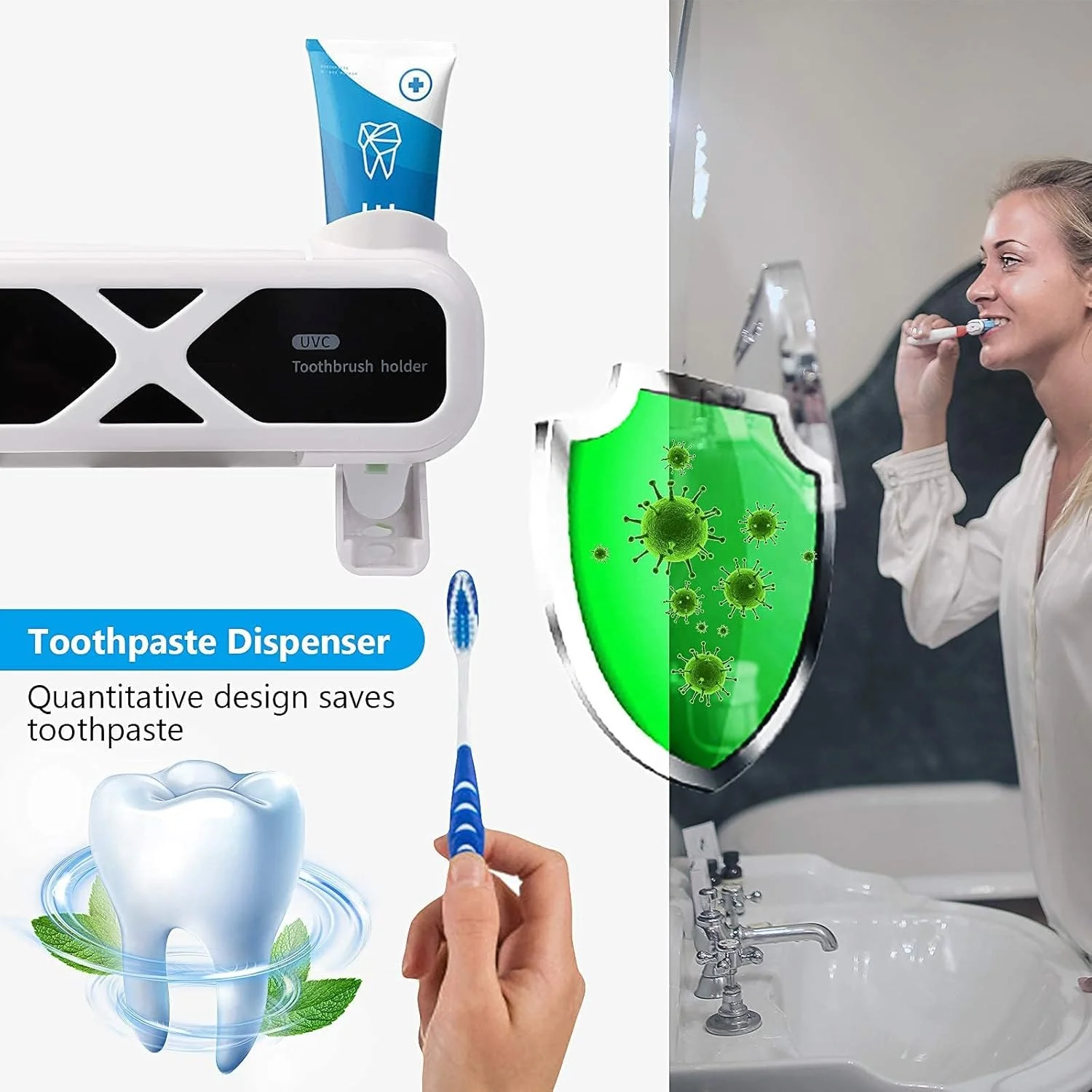 نگهدارنده مسواک دیواری با پخش کننده خمیر دندان، ضدعفونی کننده مسواک Blu-ray و ابزار تمیز کننده مسواک با نور UV، نگهدارنده بهداشتی مسواک، ضدعفونی کننده خودکار مسواک