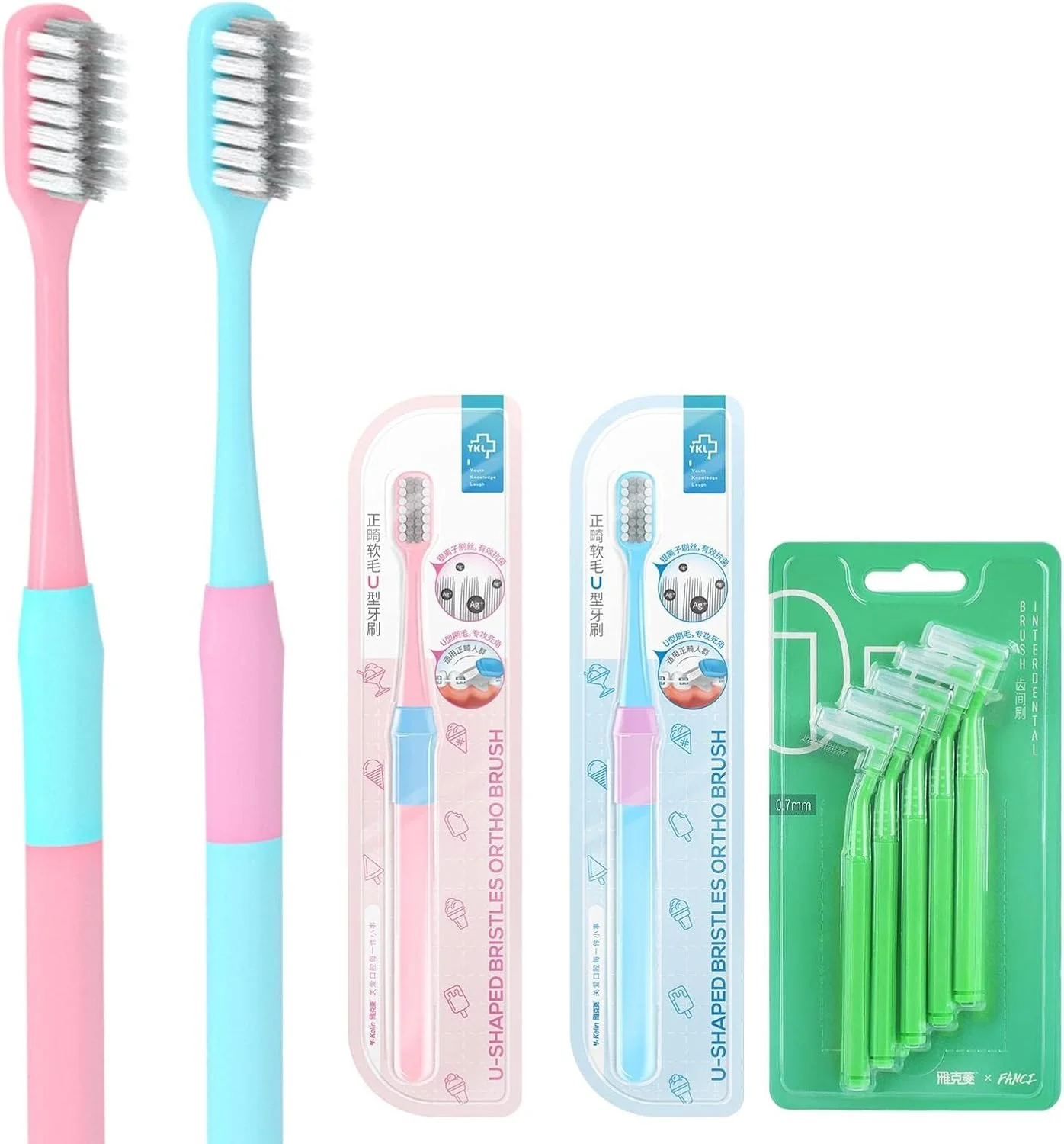 مسواک ارتودنسی نالاکال، مسواک ارتودنسی U شکل برای دندان های دارای بریس، برس نرم (4 عدد) به همراه برس بین دندانی L (10 عدد)، Cepillo Ortodoncia