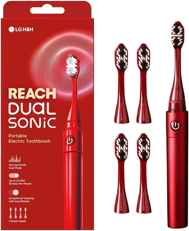 مسواک برقی دوال سونیک ریچ، 1 دسته 4 سری مسواک، 2 حالت مسواک زدن قوی و ملایم، مسواک مسافرتی قابل حمل بزرگسالان، 27000 دور در دقیقه با باتری AAA، تا 150 ساعت عمر، قرمز