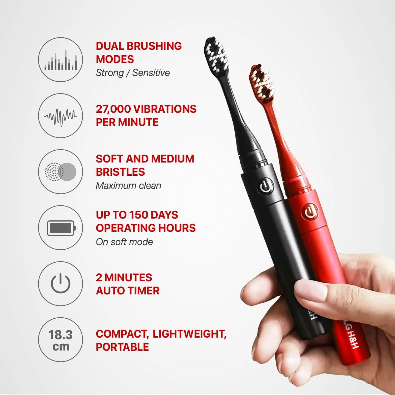 مسواک برقی دوال سونیک ریچ، 1 دسته 4 سری مسواک، 2 حالت مسواک زدن قوی و ملایم، مسواک مسافرتی قابل حمل بزرگسالان، 27000 دور در دقیقه با باتری AAA، تا 150 ساعت عمر، قرمز مسواک برقی دوال سونیک ریچ، 1 دسته 4 سری مسواک، 2 حالت مسواک زدن قوی و ملایم، مسواک مسافرتی قابل حمل بزرگسالان، 27000 دور در دقیقه با باتری AAA، تا 150 ساعت عمر، قرمز