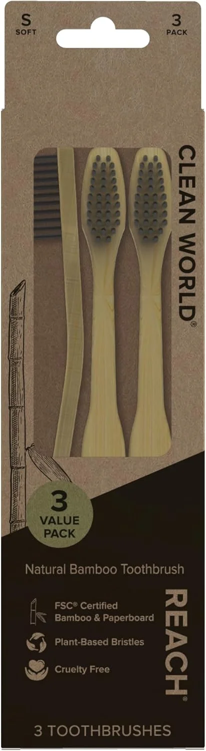مسواک بامبو طبیعی ریچ کلین ورلد، برس های نرم گیاهی، بامبو و مقوای دارای گواهی FSC، بسته بندی قابل بازیافت، 3 عدد