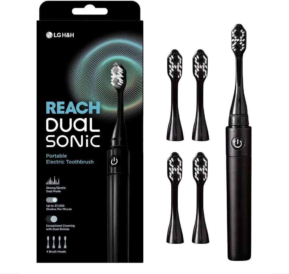 مسواک برقی دوگانه سونیک ریچ، 1 دسته 4 سر مسواک، 2 حالت مسواک زدن قوی و ملایم، مسواک های مسافرتی قابل حمل بزرگسالان، 27000 دور در دقیقه با AAA، تا 150 ساعت ماندگاری، مشکی