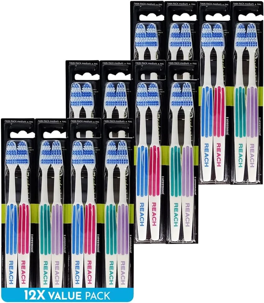 مسواک بین دندانی متوسط ریچ مدل Essential Care، بسته دوتایی x 12 – مسواک های دستی با سر کامل و برس های متوسط، رنگ های متنوع، بسته مراقبت روزانه دهان و دندان