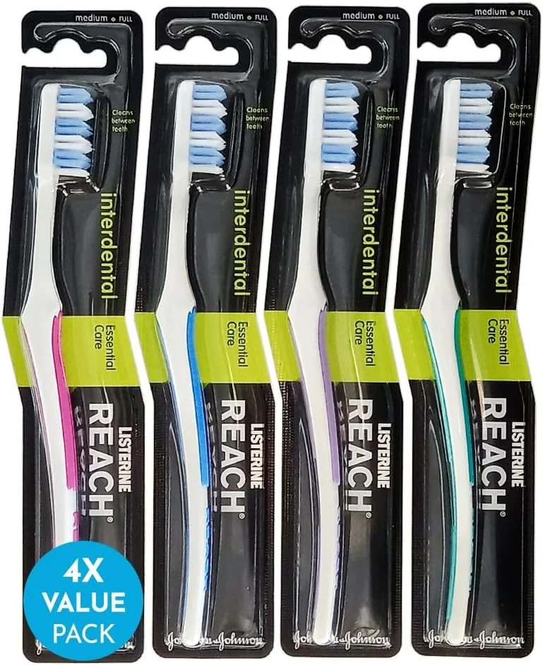 مسواک بین دندانی متوسط ریچ Essential Care، بسته تک عددی x 4، مسواک دستی با برس سخت و سر کامل، بسته چند رنگ متنوع، مراقبت روزانه از مینای دندان