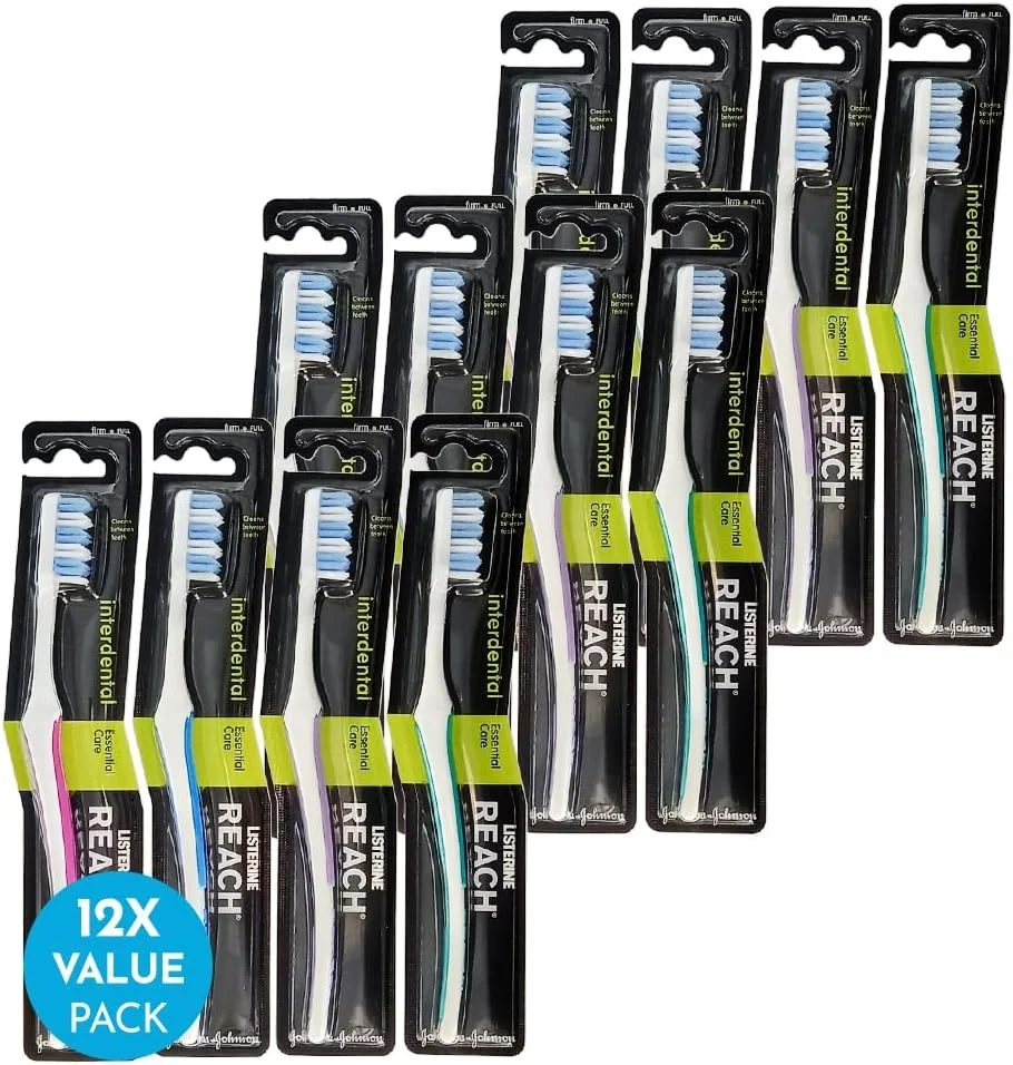 مسواک بین دندانی سفت ریچ اسنشیال کر، بسته تکی x 12، مسواک دستی با سر کامل و برس سخت، بسته چندتایی رنگارنگ، مراقبت روزانه از مینای دندان