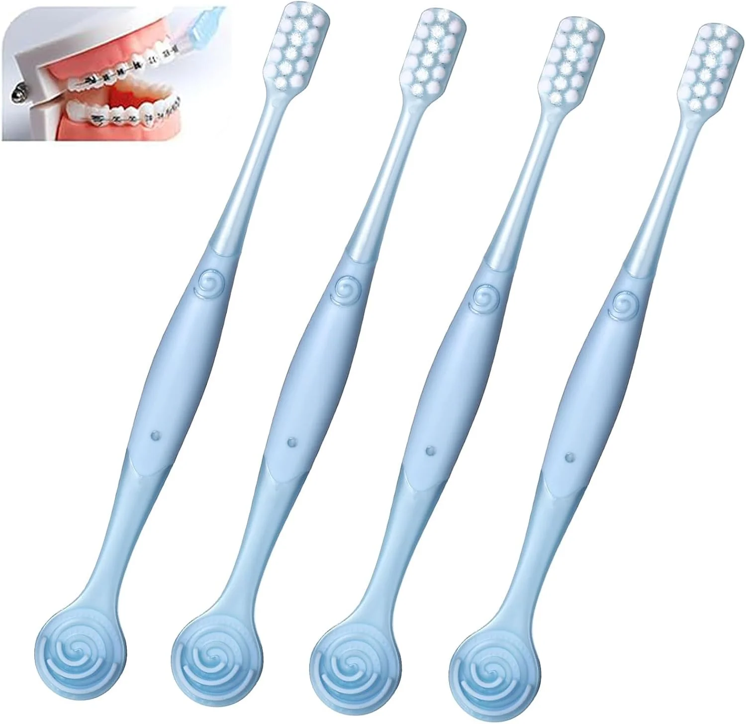 مسواک ارتودنسی V شکل، برس دندانی برای سیم ارتودنسی، برای کودکان/نوجوانان/بزرگسالان، برای دندان های حساس، برای لثه های ظریف، برس نرم، مسواک برای ارتودنسی، با تمیز کننده زبان، آبی، 4 عدد