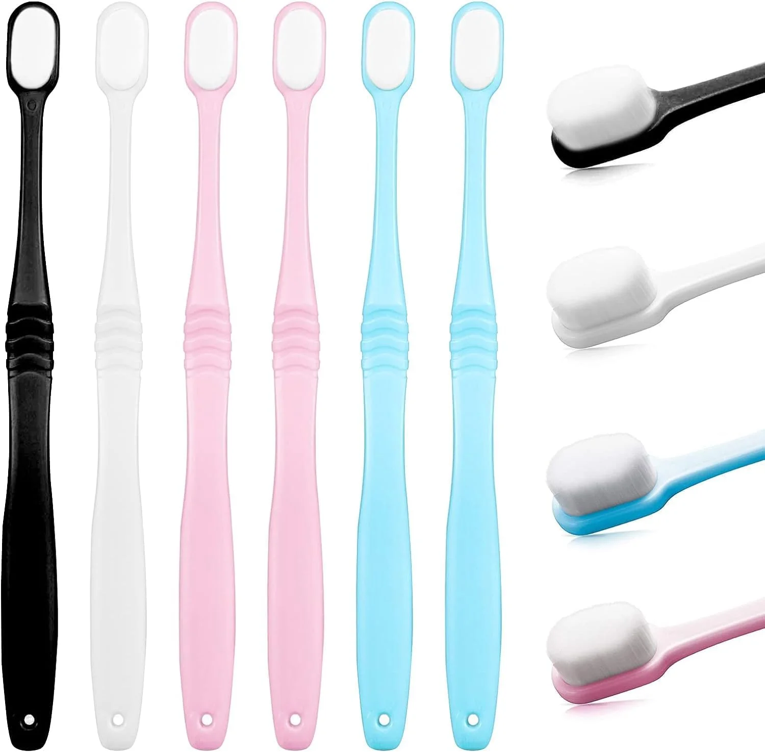 مسواک دستی نرم میکرو نانو، 6 عدد مسواک فوق العاده نرم، با 10000 تار، اثر پاک کنندگی خوب، برای لثه های حساس و تحلیل لثه، هدیه ای عالی (آبی، صورتی، مشکی، سفید)