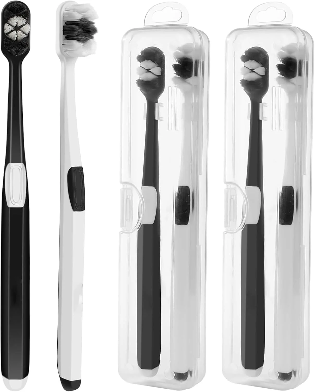 مسواک فوق العاده نرم برای لثه های حساس، مسواک مسافرتی با جعبه قابل حمل - بسته 4 عددی، برس های فوق العاده ملایم برای بزرگسالان و سالمندان، لوازم ضروری بهداشت دندان (سیاه/سفید)