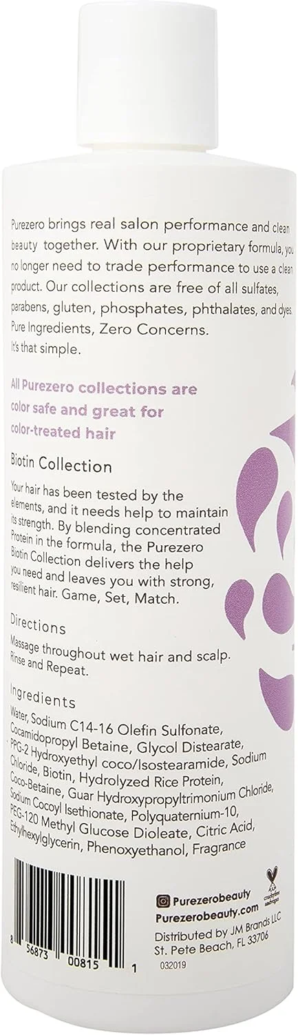 شامپو تقویت کننده بیوتین Purezero - 355 میلی لیتر - حجم دهنده، موهای ضخیم تر و پرتر - بدون سولفات، پارابن، رنگ، گلوتن - 100% وگان و بدون تست حیوانی