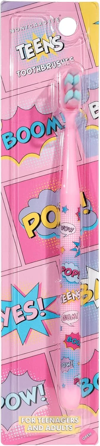 مسواک نوجوانان MontCarotte، مناسب برای دندان های ارتودنسی شده (صورتی)