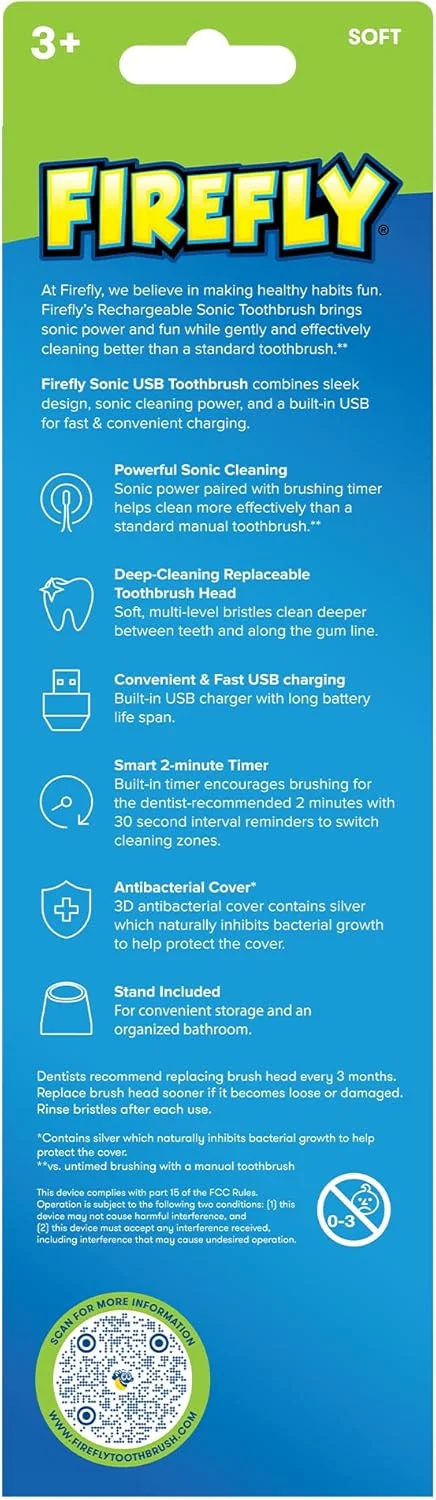 مسواک برقی هات ویلز فایرفلای اسلیم سونیک با شارژ USB و درپوش آنتی باکتریال، مناسب برای کودکان 3 سال به بالا، 1 عدد