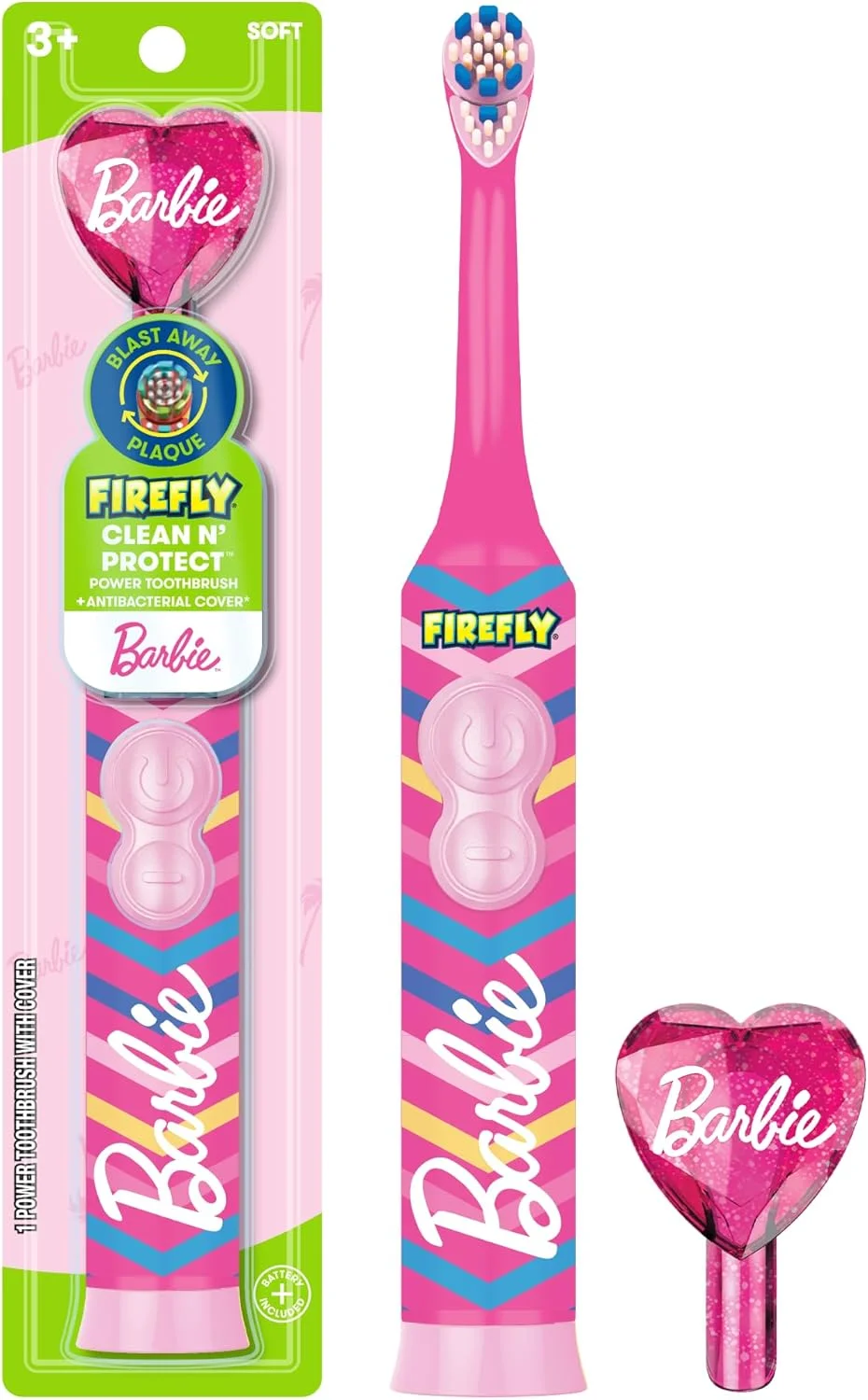 مسواک فایرفلای Clean N' Protect باربی با پوشش آنتی باکتریال، برس نرم، دارای باتری، مناسب برای کودکان 3 سال به بالا، 1 عدد