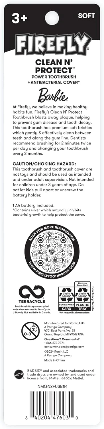 مسواک فایرفلای Clean N' Protect باربی با پوشش آنتی باکتریال، برس نرم، دارای باتری، مناسب برای کودکان 3 سال به بالا، 1 عدد