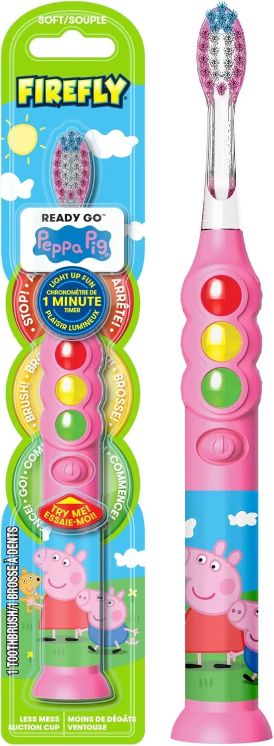 مسواک تایمردار فایرفلای با طرح پپا پیگ، برس نرم ممتاز، تایمر 1 دقیقه ای، دارای مکنده برای کاهش ریخت و پاش، باتری شامل، نگهداری آسان، مناسب برای سنین 3 سال به بالا، 1 عدد