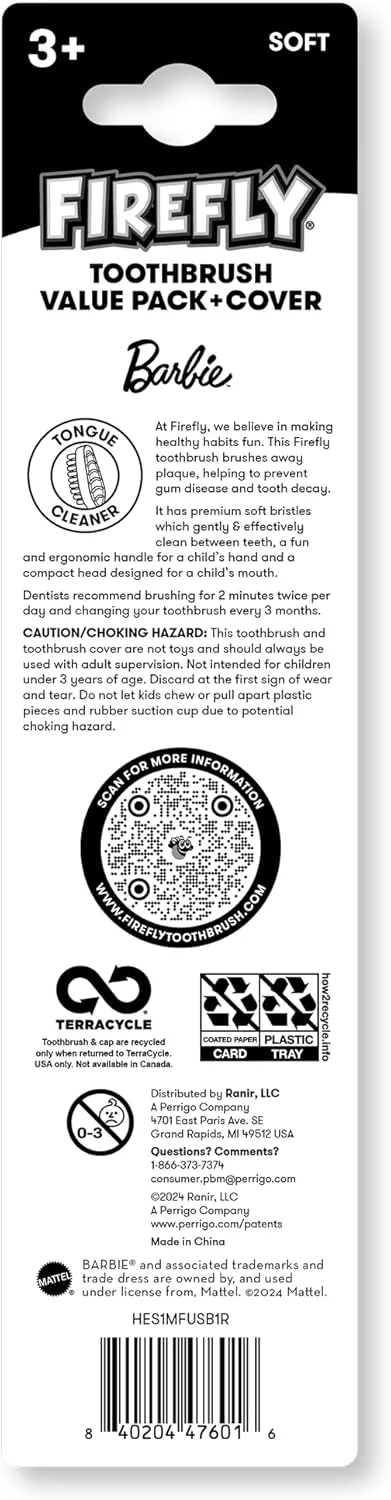 بسته اقتصادی مسواک کودکانه فایرفلای باربی، مسواک با برس نرم مناسب کودکان 3 سال به بالا، 3 عدد