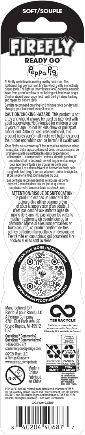 مسواک تایمردار فایرفلای با طرح پپا پیگ، برس نرم ممتاز، تایمر 1 دقیقه ای، دارای مکنده برای کاهش ریخت و پاش، باتری شامل، نگهداری آسان، مناسب برای سنین 3 سال به بالا، 1 عدد