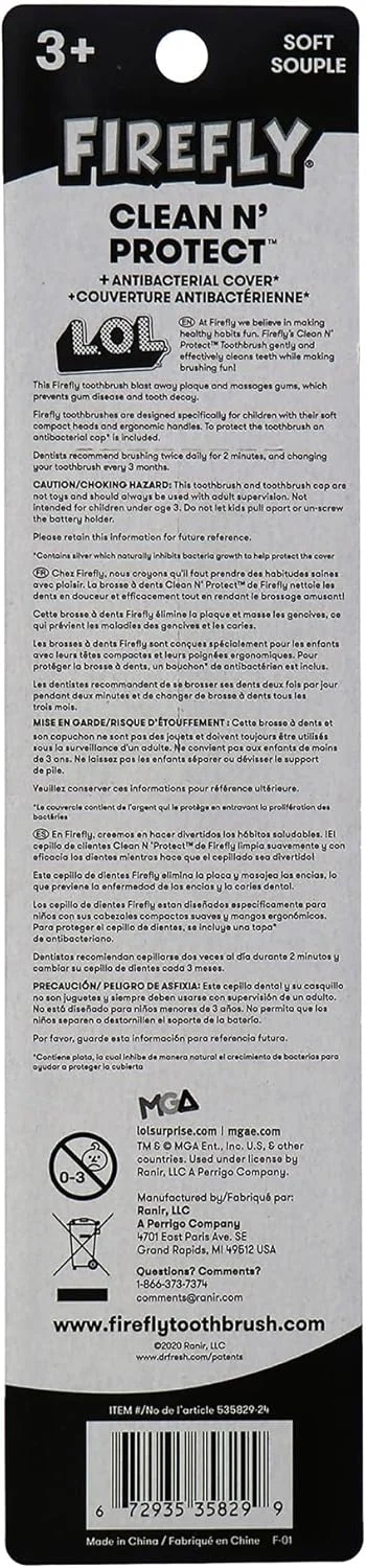 مسواک فایرفلای Clean N' Protect با طرح L.O.L. Surprise!، دارای درپوش بهداشتی، برس نرم، دسته ضد لغزش، شامل باتری، مناسب برای کودکان 3 سال به بالا، 1 عدد