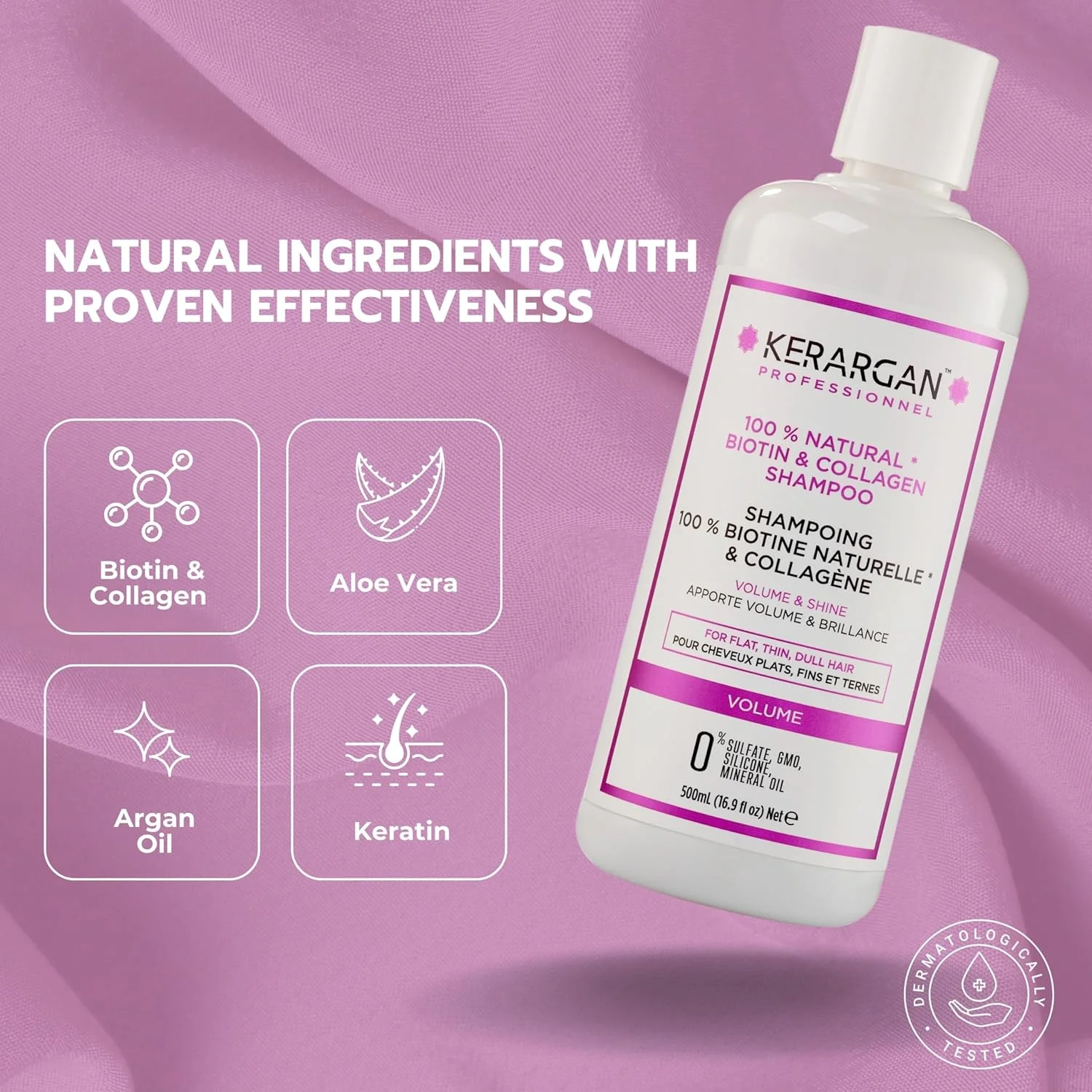 کرآرگان - شامپو حجم دهنده با بیوتین و کلاژن - برای موهای نازک، کم حجم و کدر - تقویت کننده، براق کننده، مرطوب کننده - بدون سولفات، GMO، سیلیکون، روغن معدنی - 500 میلی لیتر